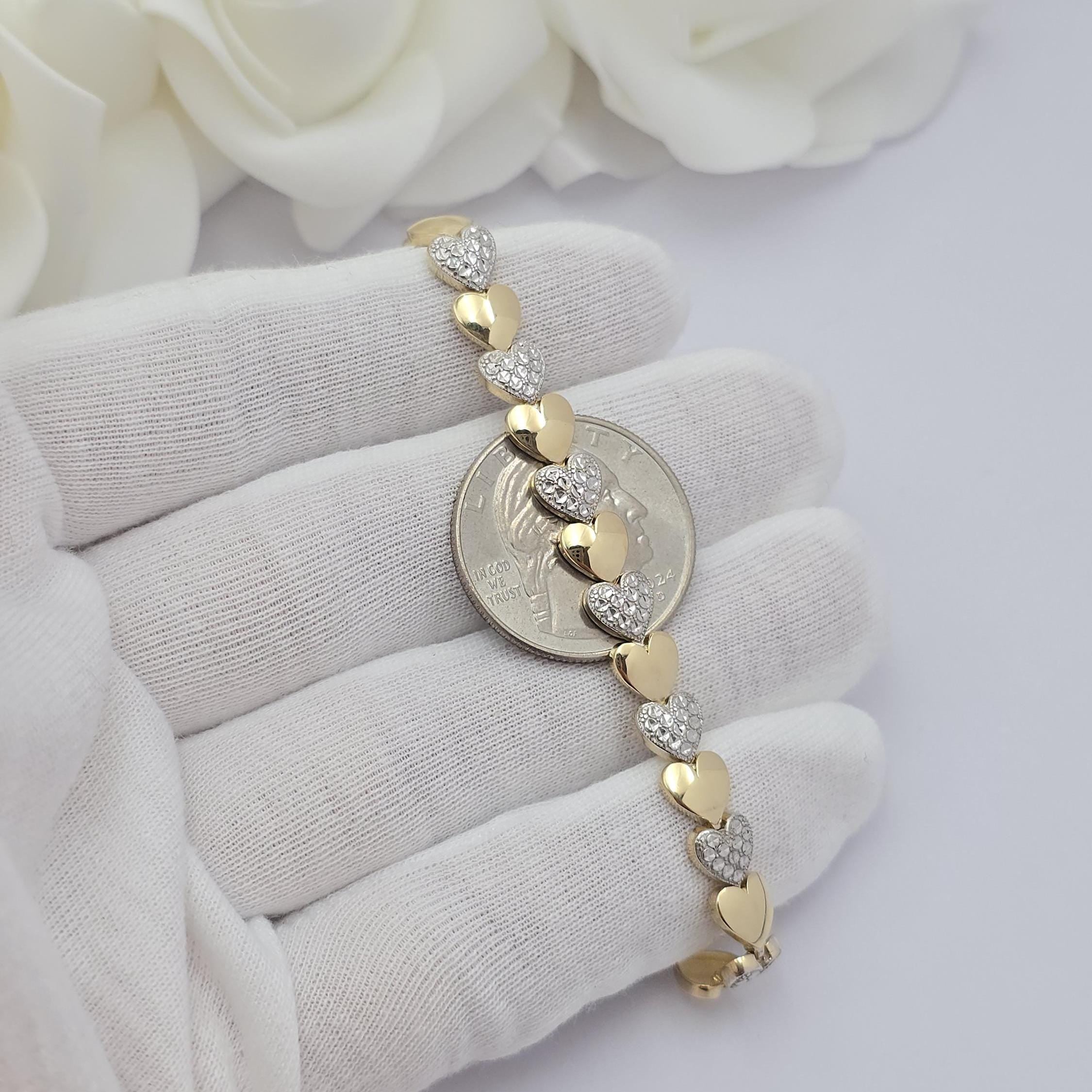 Solid 14k Gold Fancy Eternity Heart Bracelet - Fine & Elegant Piece - 7.5 Inches