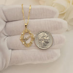 14k Solid Gold ‘Mom’ Pendant Necklace – Elegant Oval Filigree Design - Perfect mother's day, Christmas, Birthday Gift