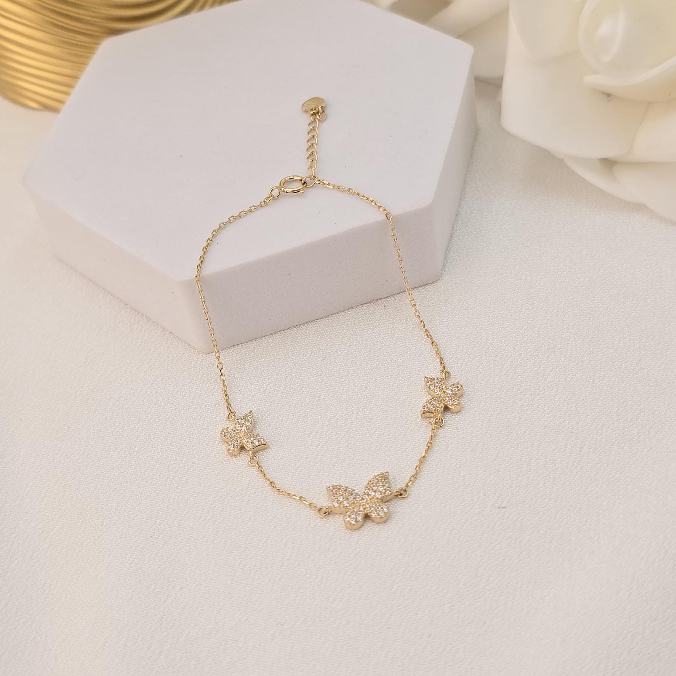 Dainty 14k Gold Pave Butterfly Charms Bracelet - Adorable Gift For Her - Adjustable - Birthday, mother's day, Christmas Gift
