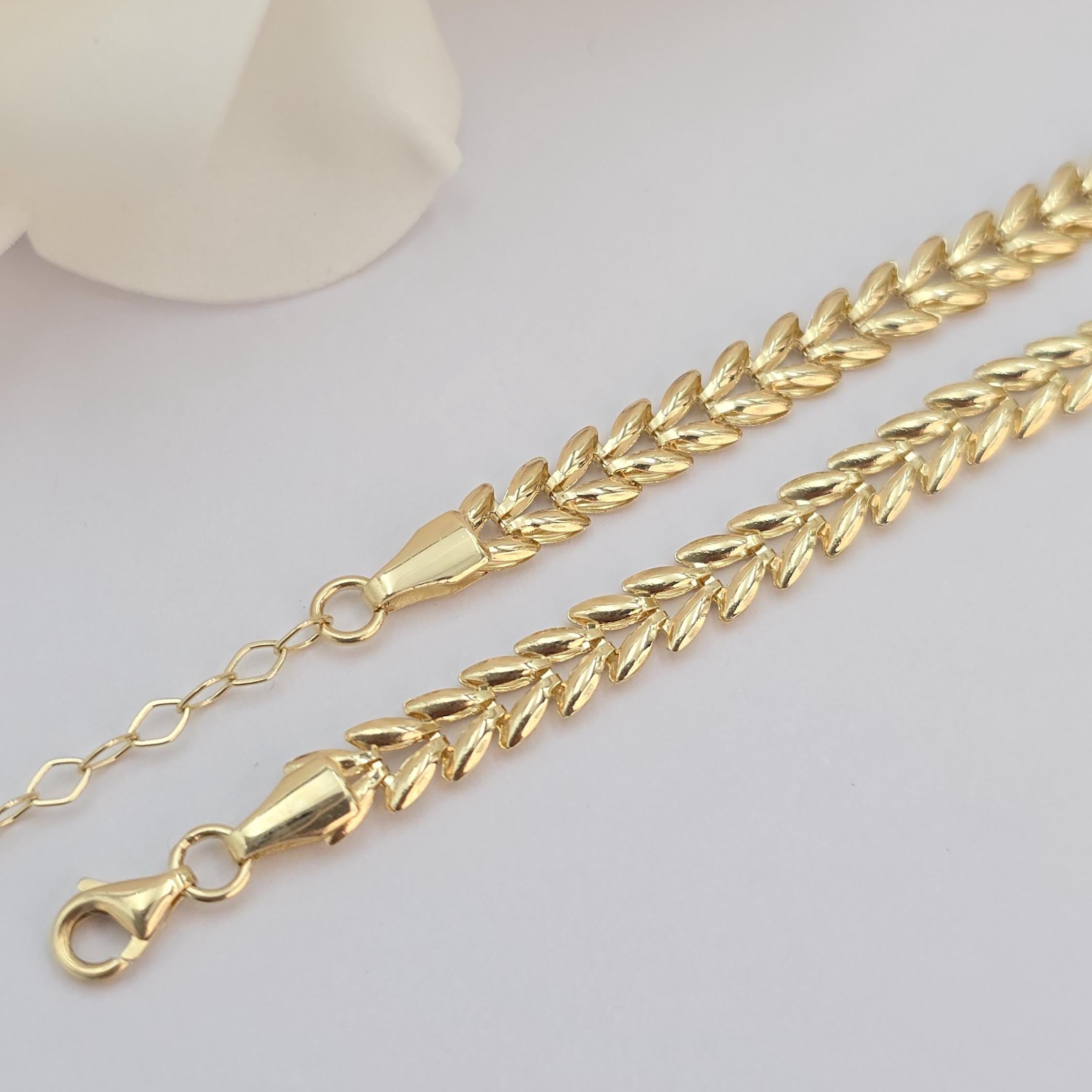 SOLID 14K Gold Leaf Link Bracelet - 7+1" Adjustable - Elegant & Minimalist - Perfect Gift For Her