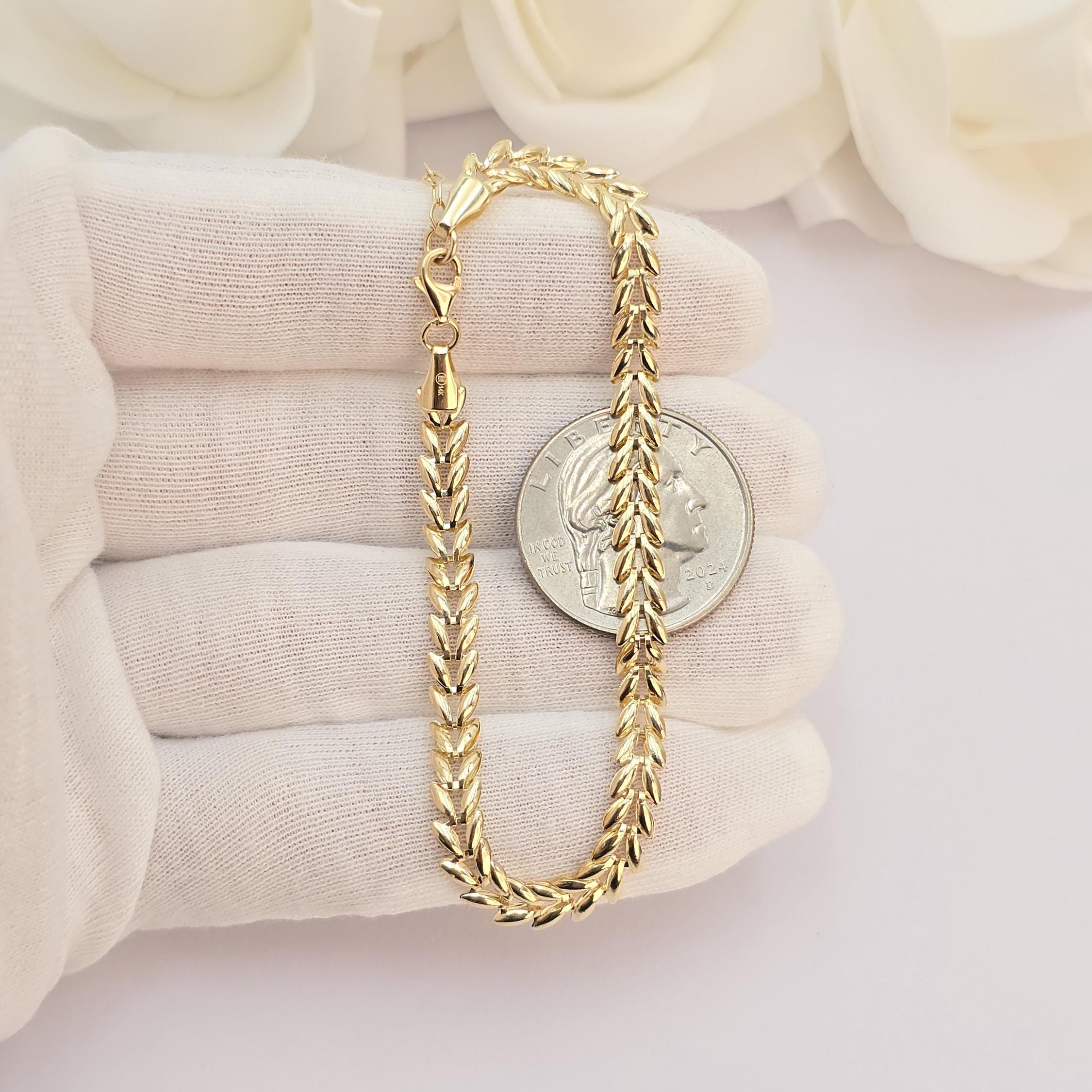 SOLID 14K Gold Leaf Link Bracelet - 7+1" Adjustable - Elegant & Minimalist - Perfect Gift For Her