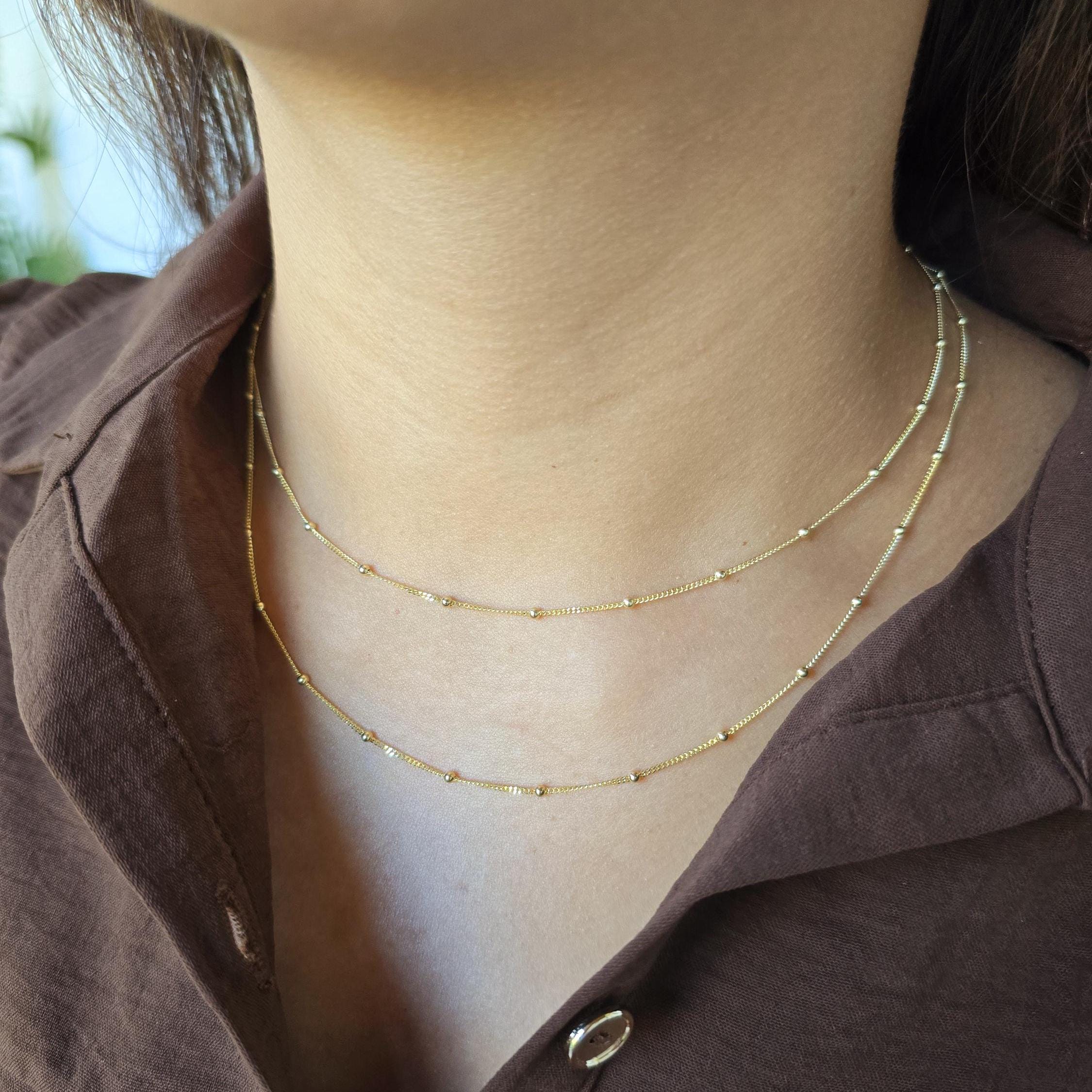 Solid 14k Gold Satellite Necklace - Curb & Bead