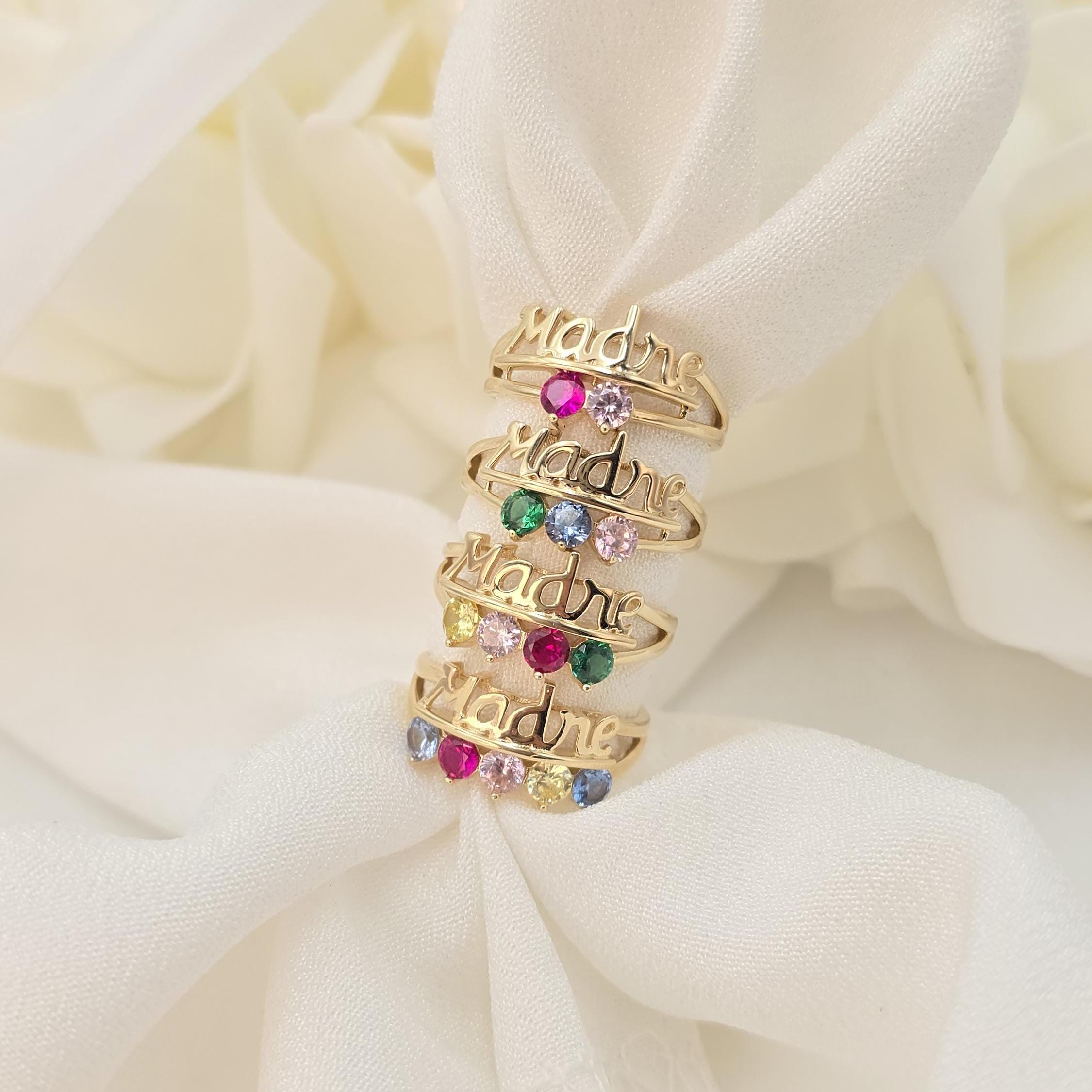 Solid 14k Gold Birthstone Mother's Day Rings - 5, 4, 3, 2 Birth Stone - Meaningful & Adorable - Madre Ring