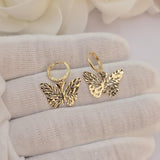 SOLID 14K Gold Filigree Butterfly Hoop Earrings – Dangling Earrings - Adorable & Shiny - Perfect Gift For Her