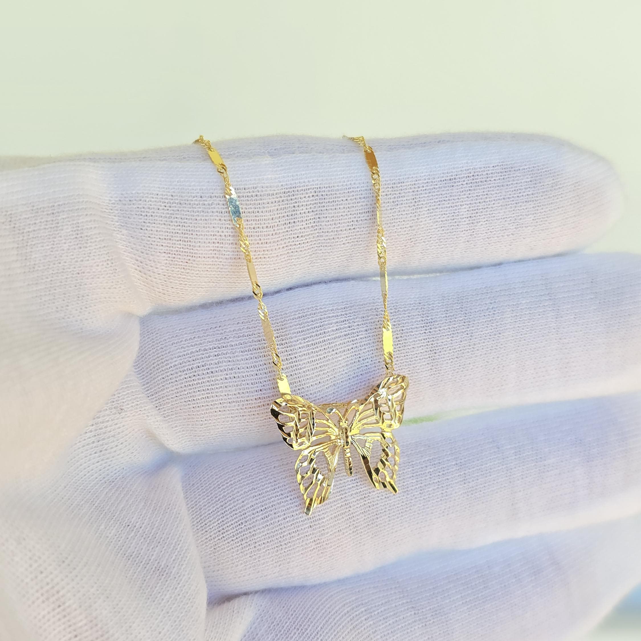 SOLID 14K Gold Butterfly Pendant Bar Necklace - Shiny & Elegant - Perfect Gift For Her - Fine Gold Jewelry