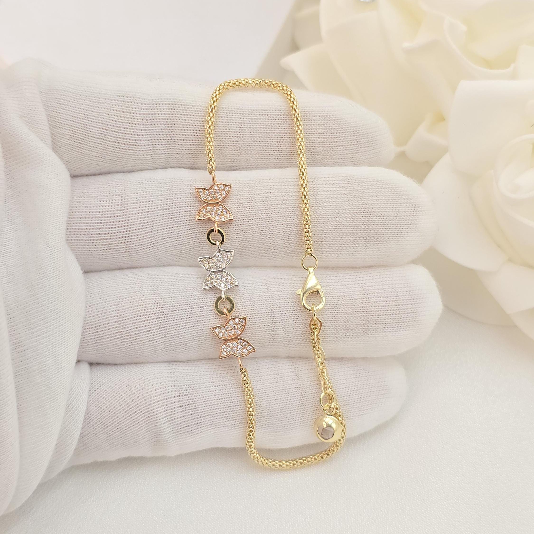 TRICOLOR 14K Solid Gold Butterfly Bracelet – Pavé Design - Shiny & Adorable - Modern Jewelry For Her