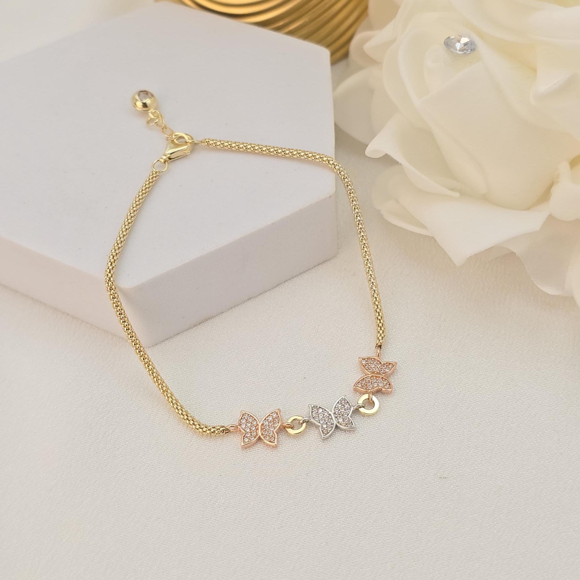 TRICOLOR 14K Solid Gold Butterfly Bracelet – Pavé Design - Shiny & Adorable - Modern Jewelry For Her