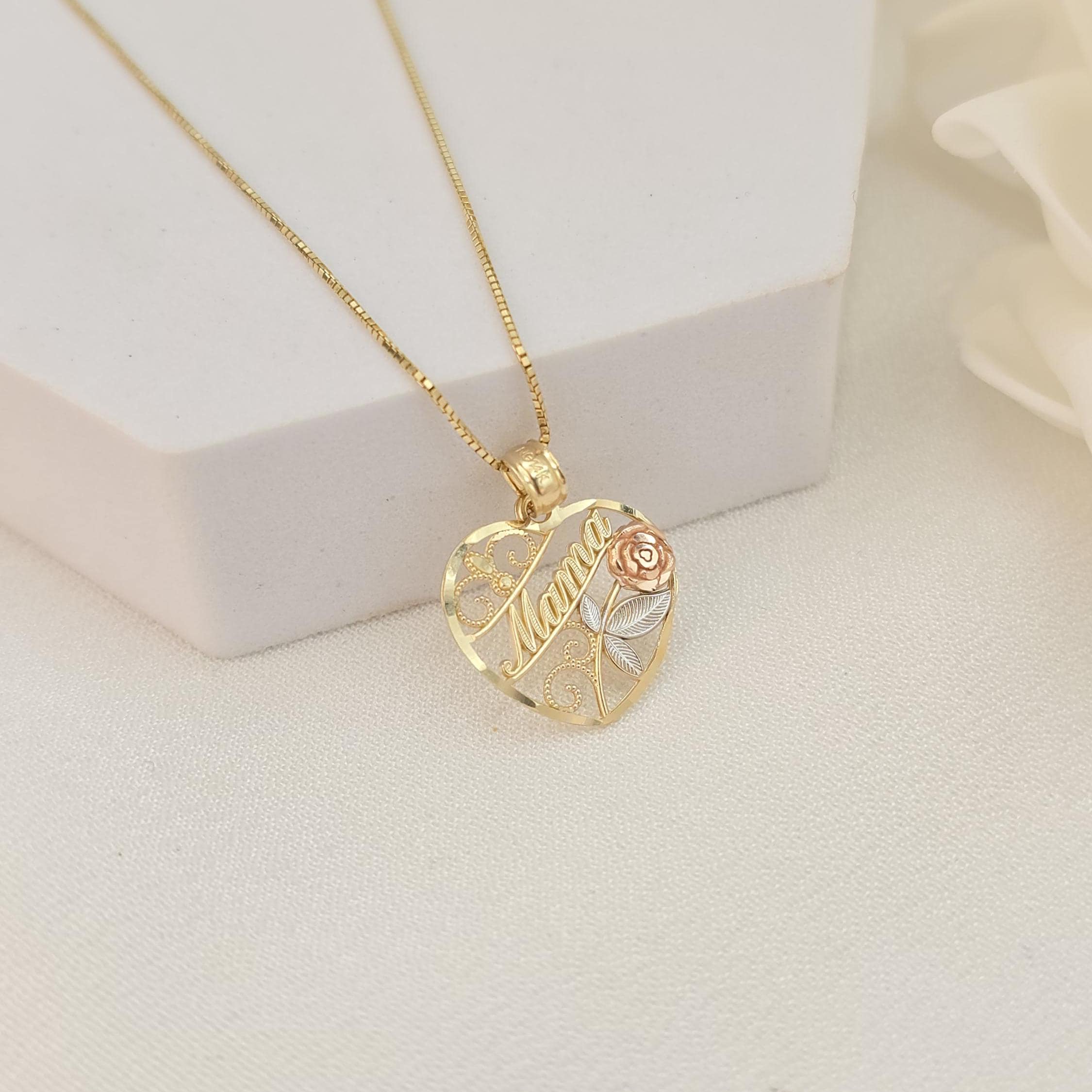 SOLID 14K Gold “Mamá” Heart Pendant Box Necklace - Shiny & Meaningful - Fine Gold Jewelry For Her