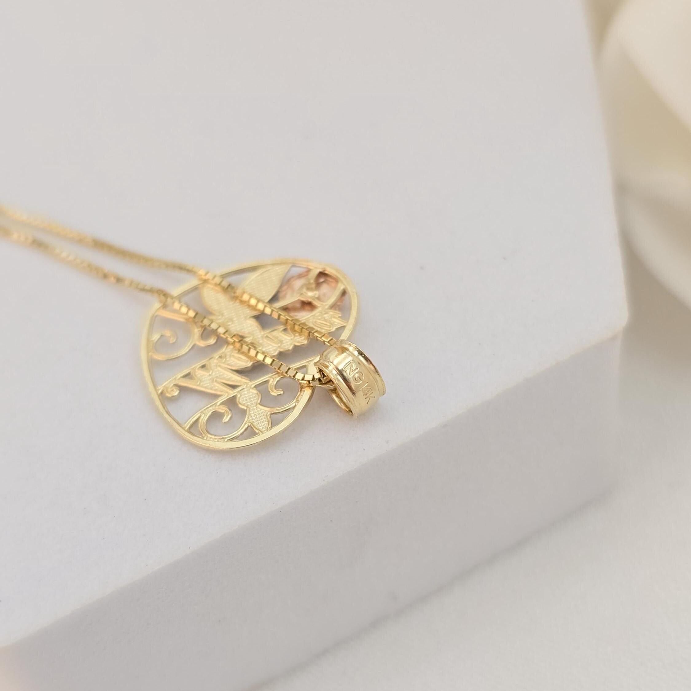 SOLID 14K Gold “Mamá” Heart Pendant Box Necklace - Shiny & Meaningful - Fine Gold Jewelry For Her