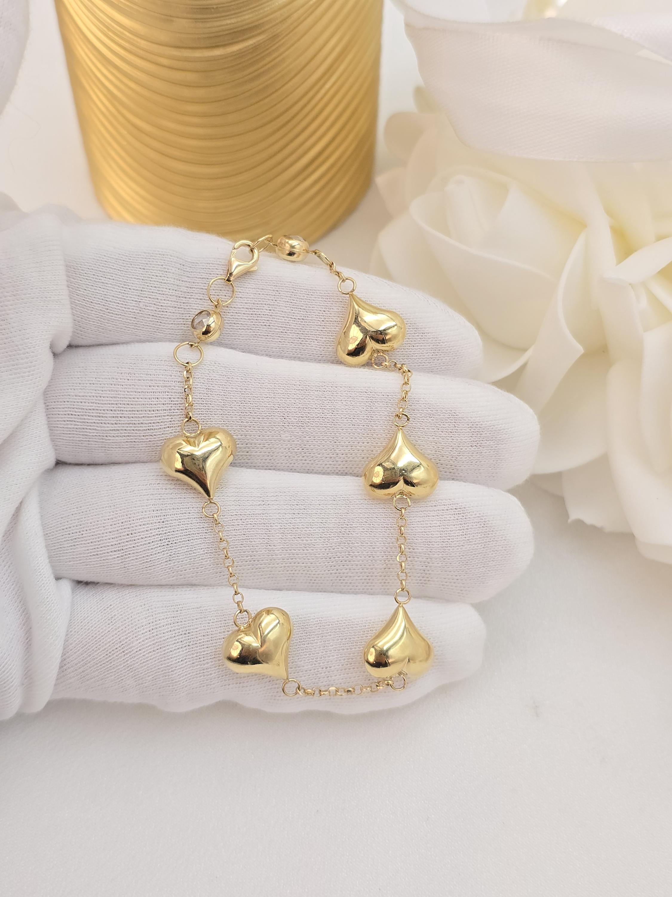 14k Solid Gold Puffy Heart Bracelet - 7.5" Adjustable - Fine Elegant Jewelry - Mother's day, Christmas, Birthday, anniversary gift.