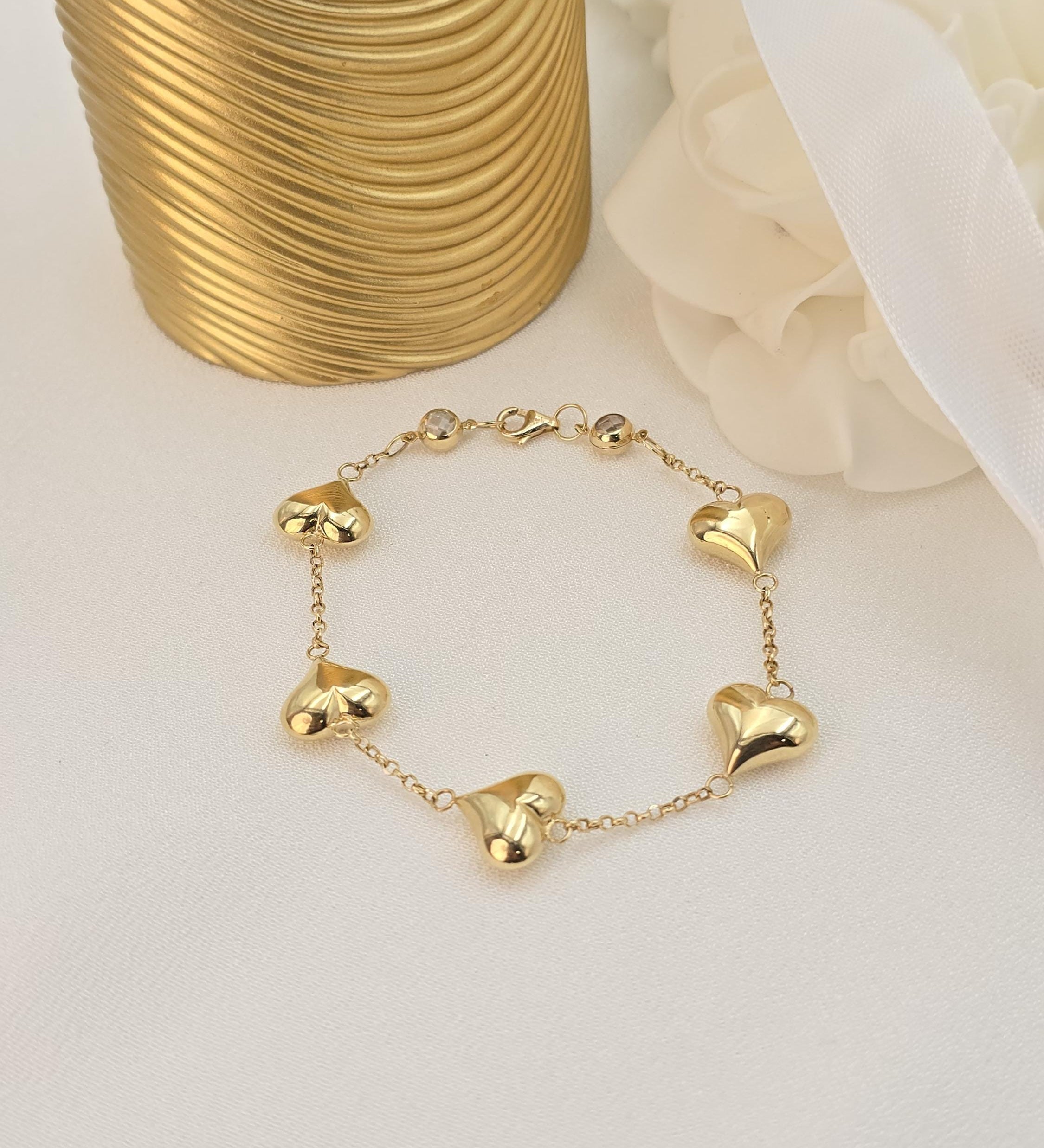 14k Solid Gold Puffy Heart Bracelet - 7.5" Adjustable - Fine Elegant Jewelry - Mother's day, Christmas, Birthday, anniversary gift.