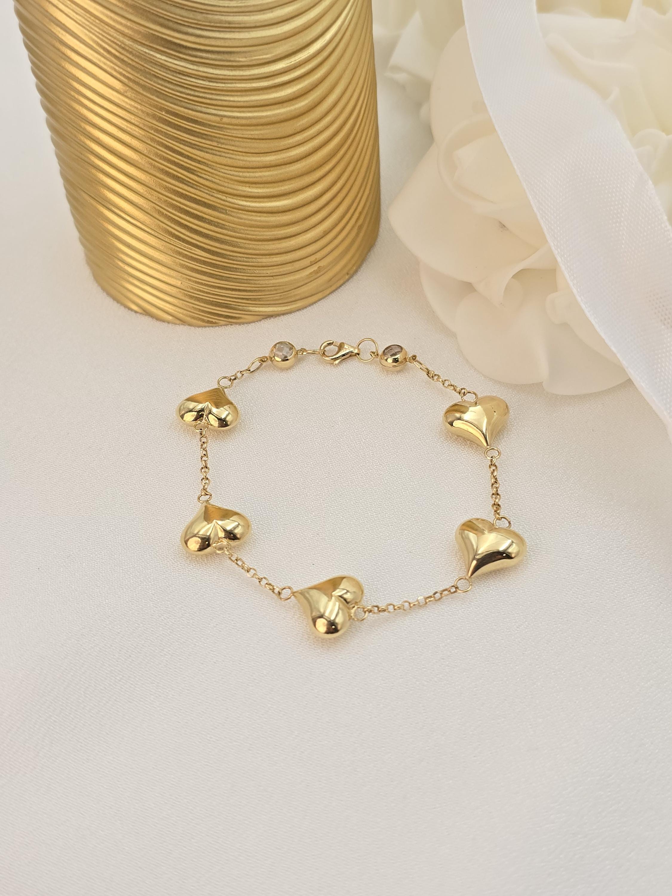 14k Solid Gold Puffy Heart Bracelet - 7.5" Adjustable - Fine Elegant Jewelry - Mother's day, Christmas, Birthday, anniversary gift.