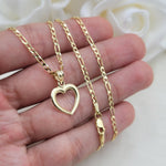 Solid 14k Gold Yellow Gold Heart Necklace - 16 Inches - 2.1mm - Figaro Chain