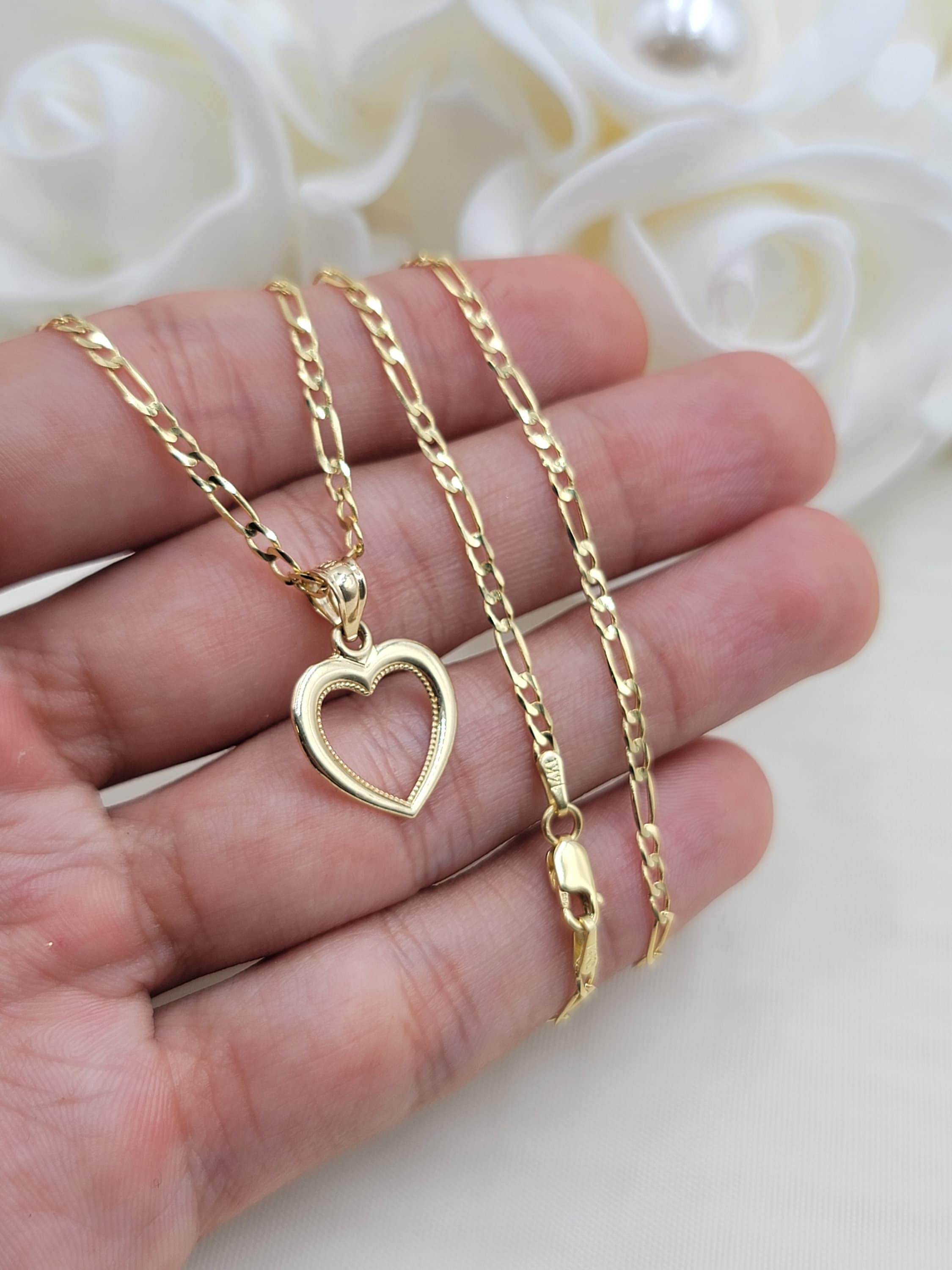 Solid 14k Gold Yellow Gold Heart Necklace - 16 Inches - 2.1mm - Figaro Chain