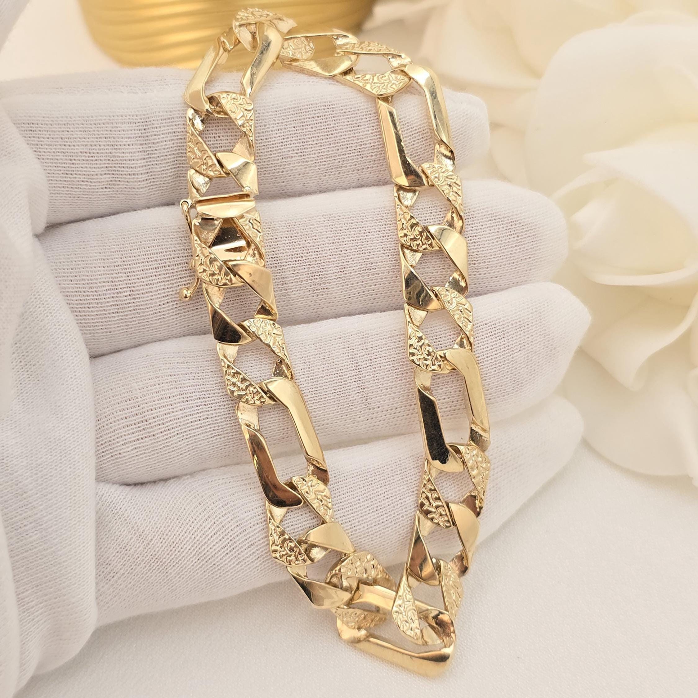Thick Solid 14k Gold 9.8MM Thick Figaro Bracelet - Perfect Gift For Him - Real Gold