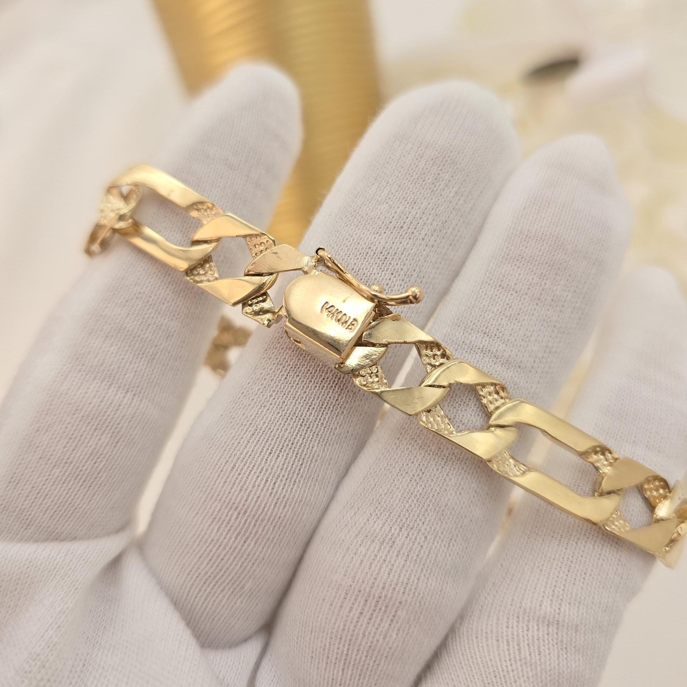 Thick Solid 14k Gold 9.8MM Thick Figaro Bracelet - Perfect Gift For Him - Real Gold