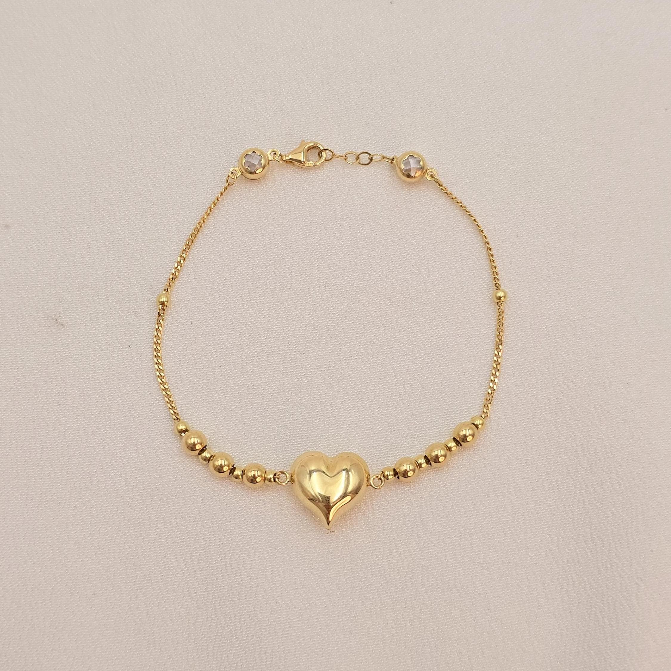 14k Gold Puffy Heart & Beads Bracelet - 7.5 Inches