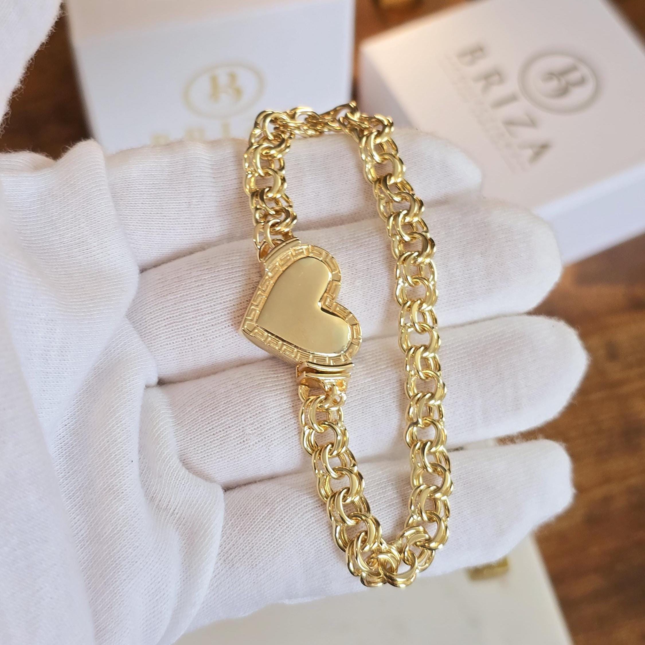 Thick 14k Gold Chino Link Heart Lock Bracelet - 7.9mm - 7.5 Inches