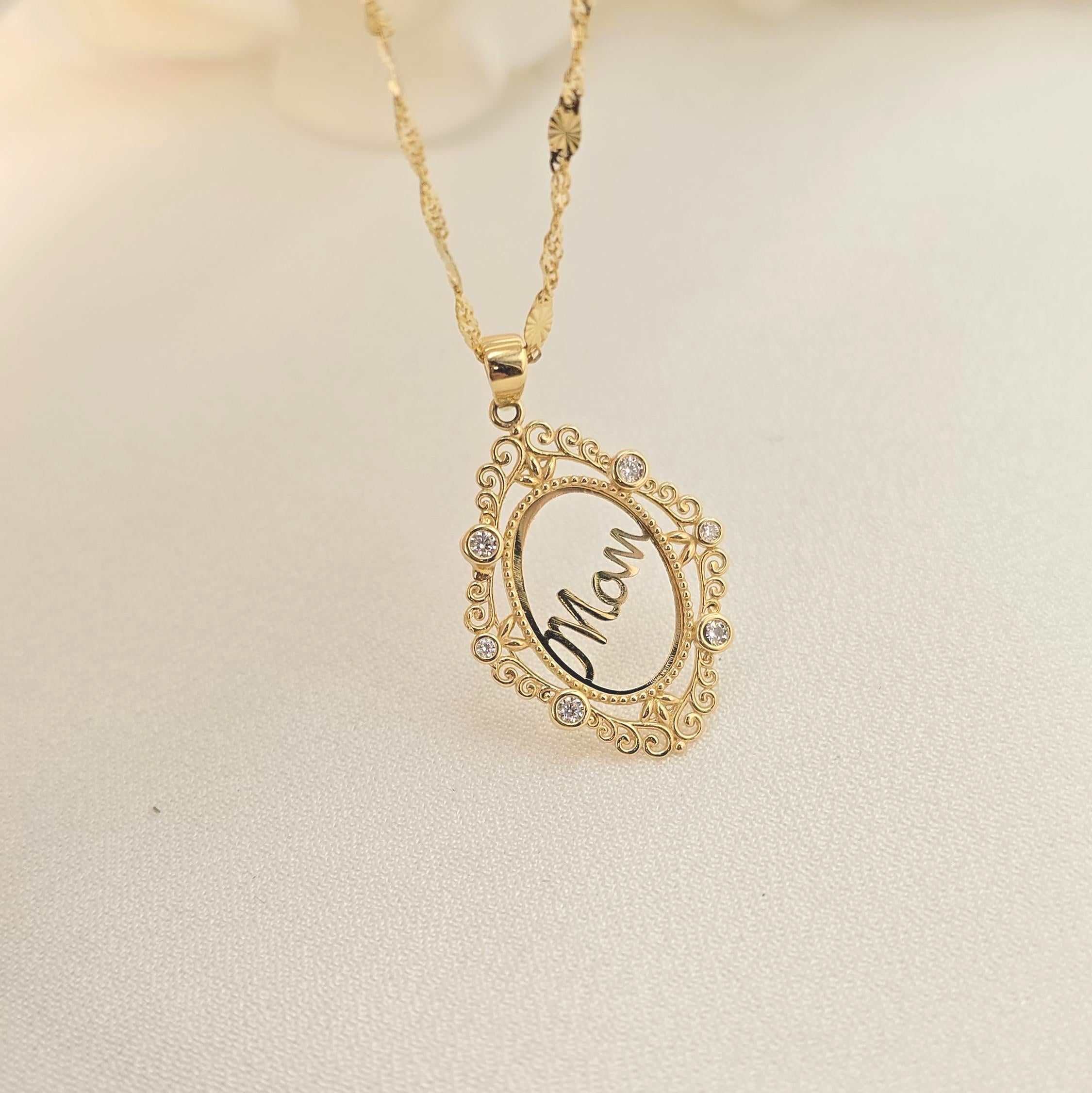 14k Solid Gold ‘Mom’ Pendant Necklace – Elegant Oval Filigree Design - Perfect mother's day, Christmas, Birthday Gift