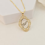 14k Solid Gold ‘Mom’ Pendant Necklace – Elegant Oval Filigree Design - Perfect mother's day, Christmas, Birthday Gift