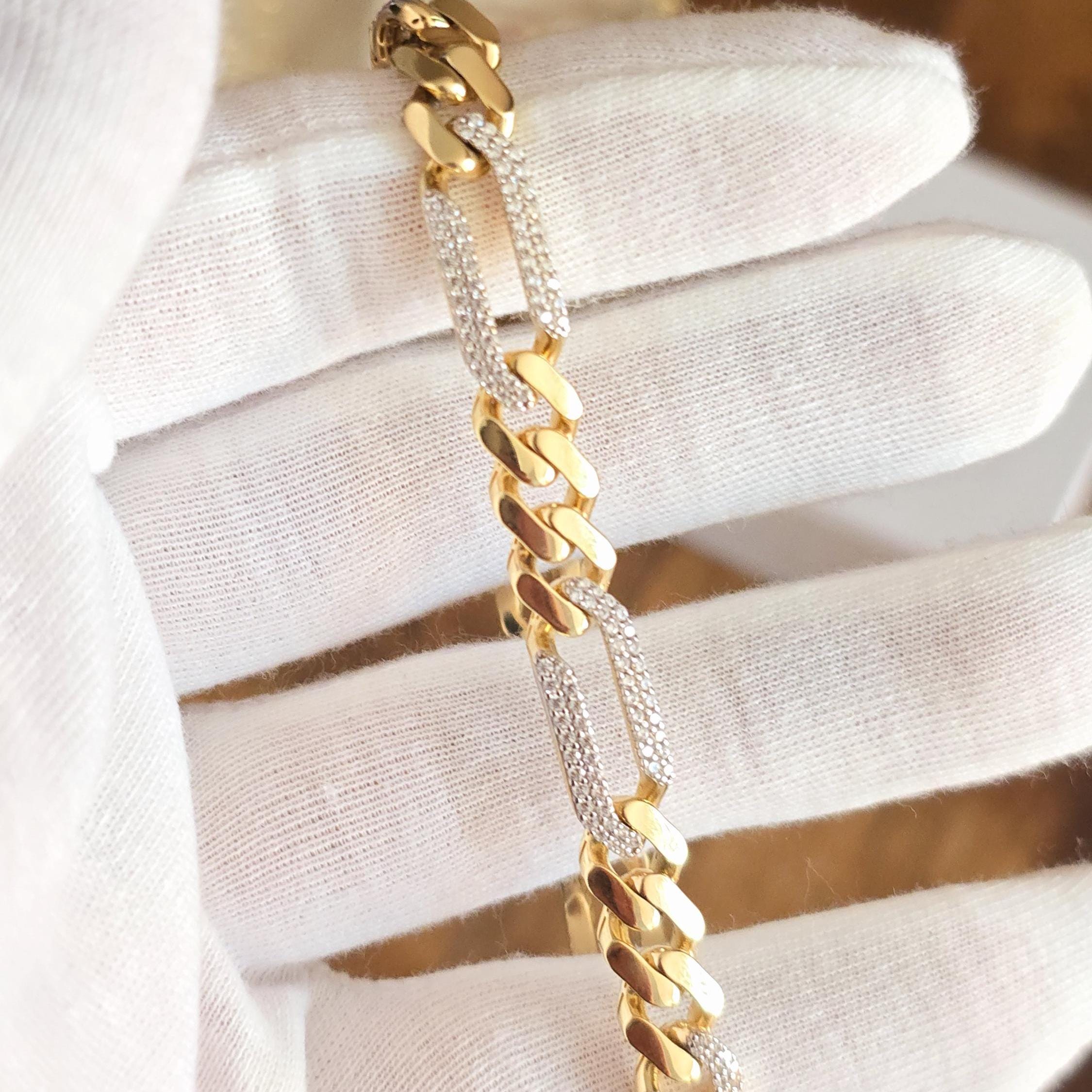 14k Gold Monaco Figaron Iced Out Link Bracelet - CZ
