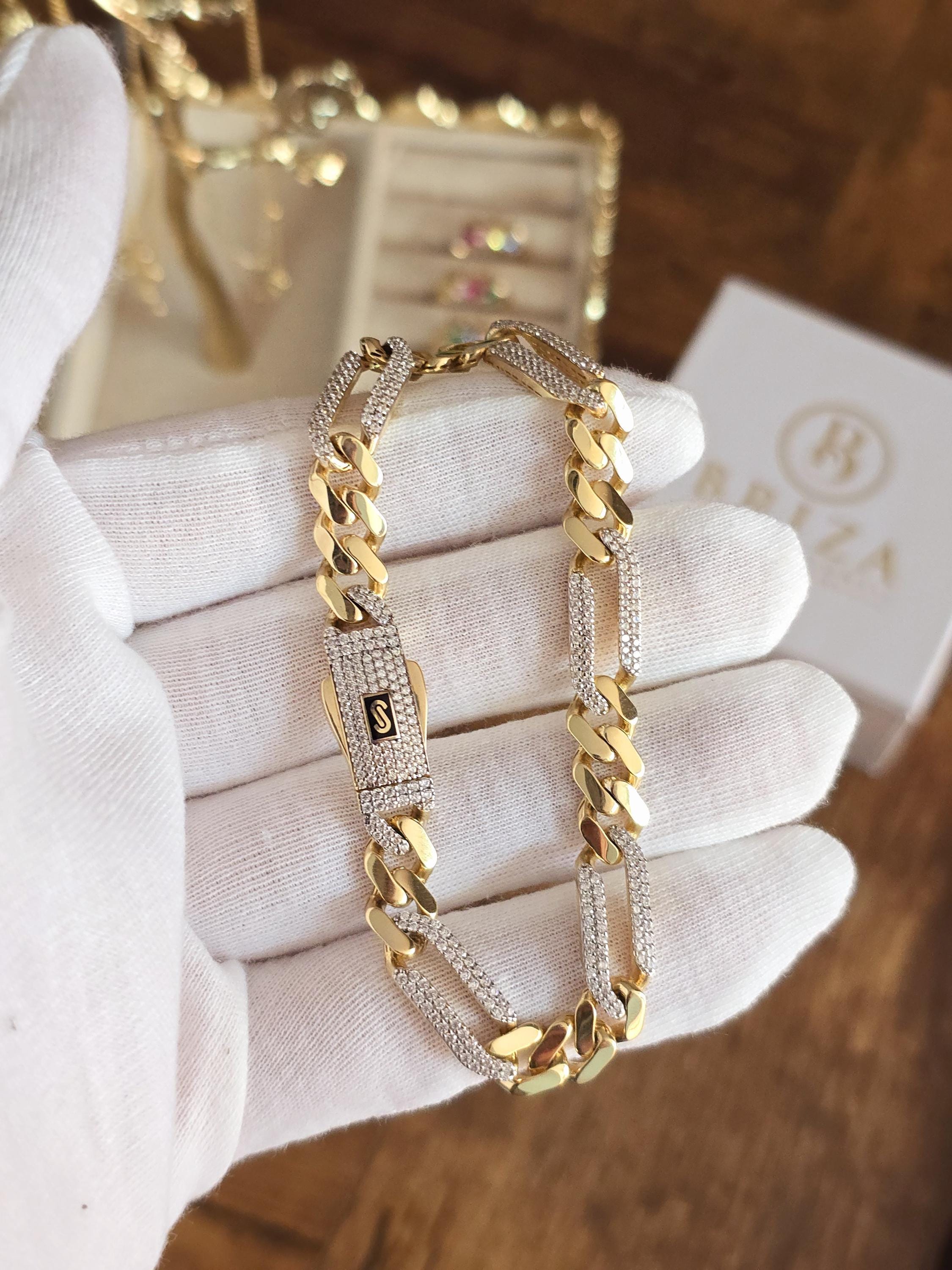 14k Gold Monaco Figaron Iced Out Link Bracelet - CZ