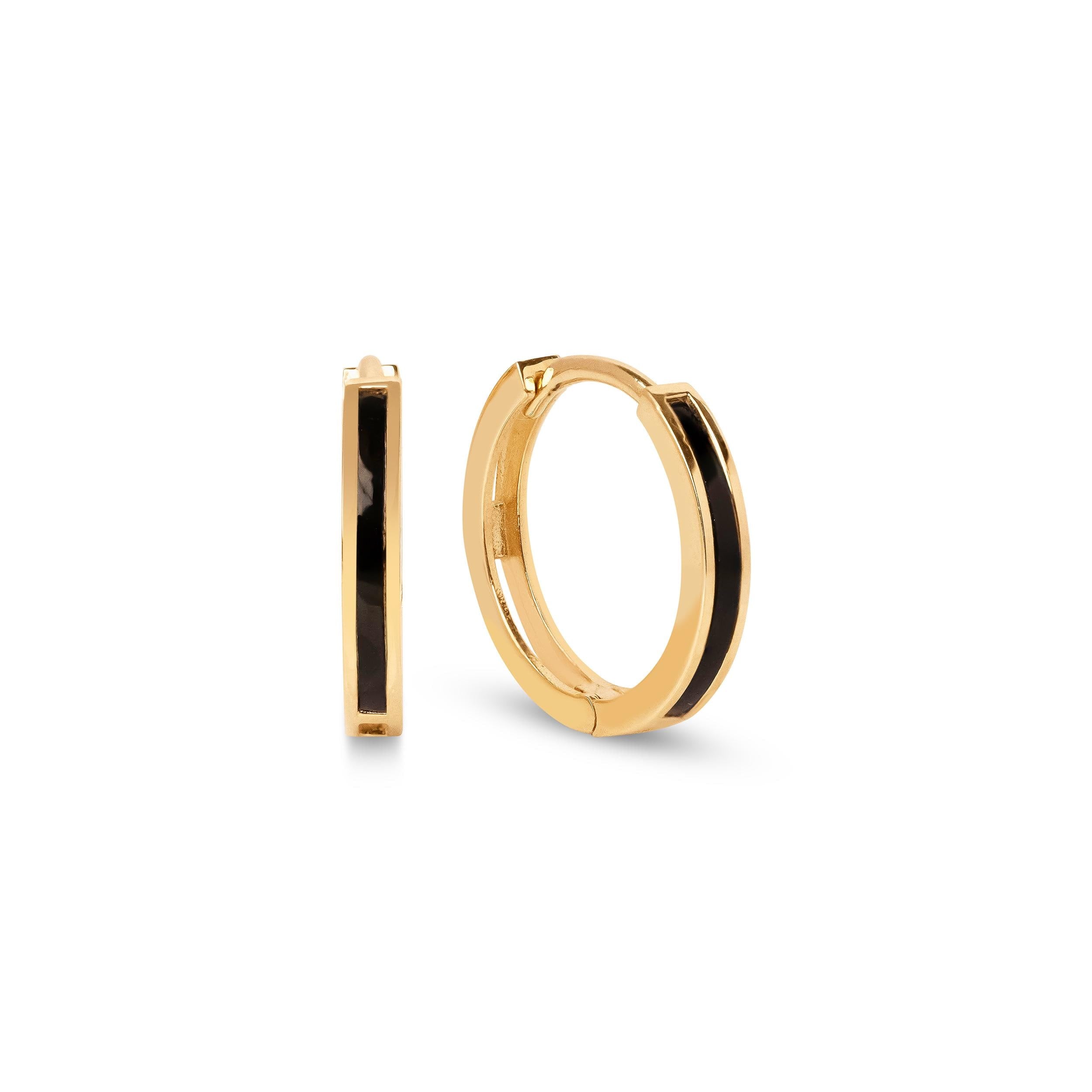 Real Solid 14k Gold Black Onyx Huggies Earrings - 14mm, 2mm Thick - Unique and modern - Perfect Gift - For Girls and Women - Small Hoops