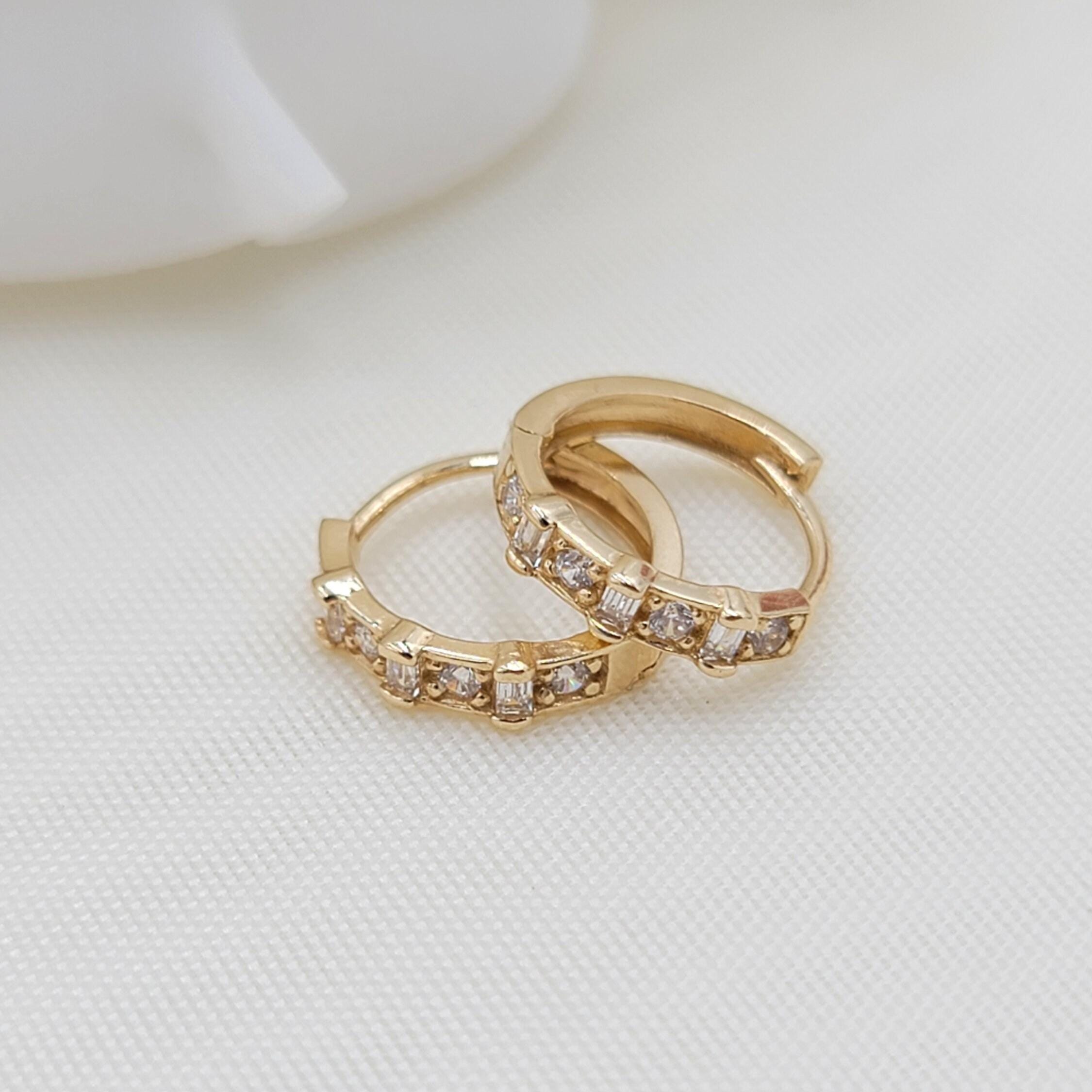 14k Bagguete CZ Huggies Earrings - 12.5mm