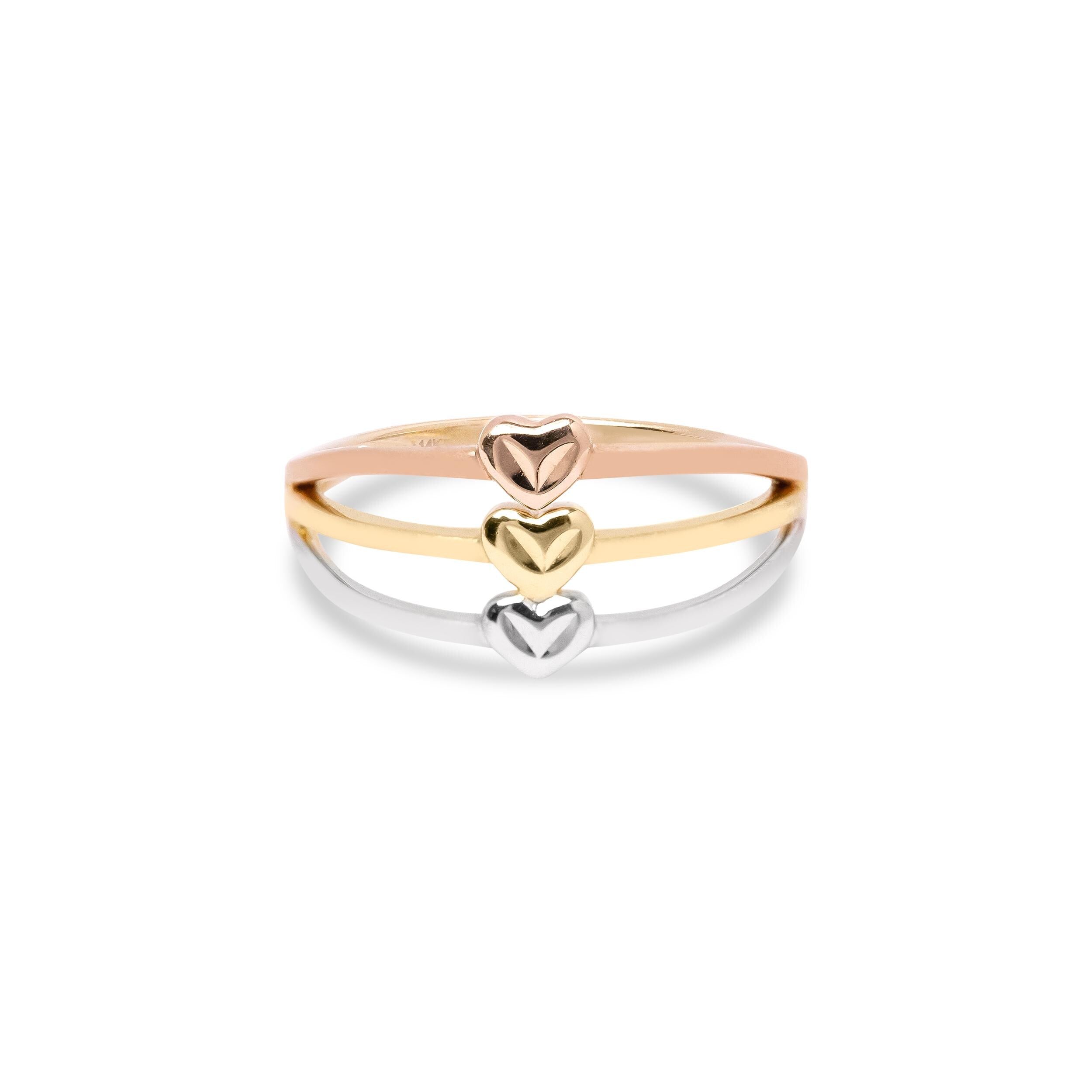 Solid 14k Gold Triple Tricolor Heart Ring