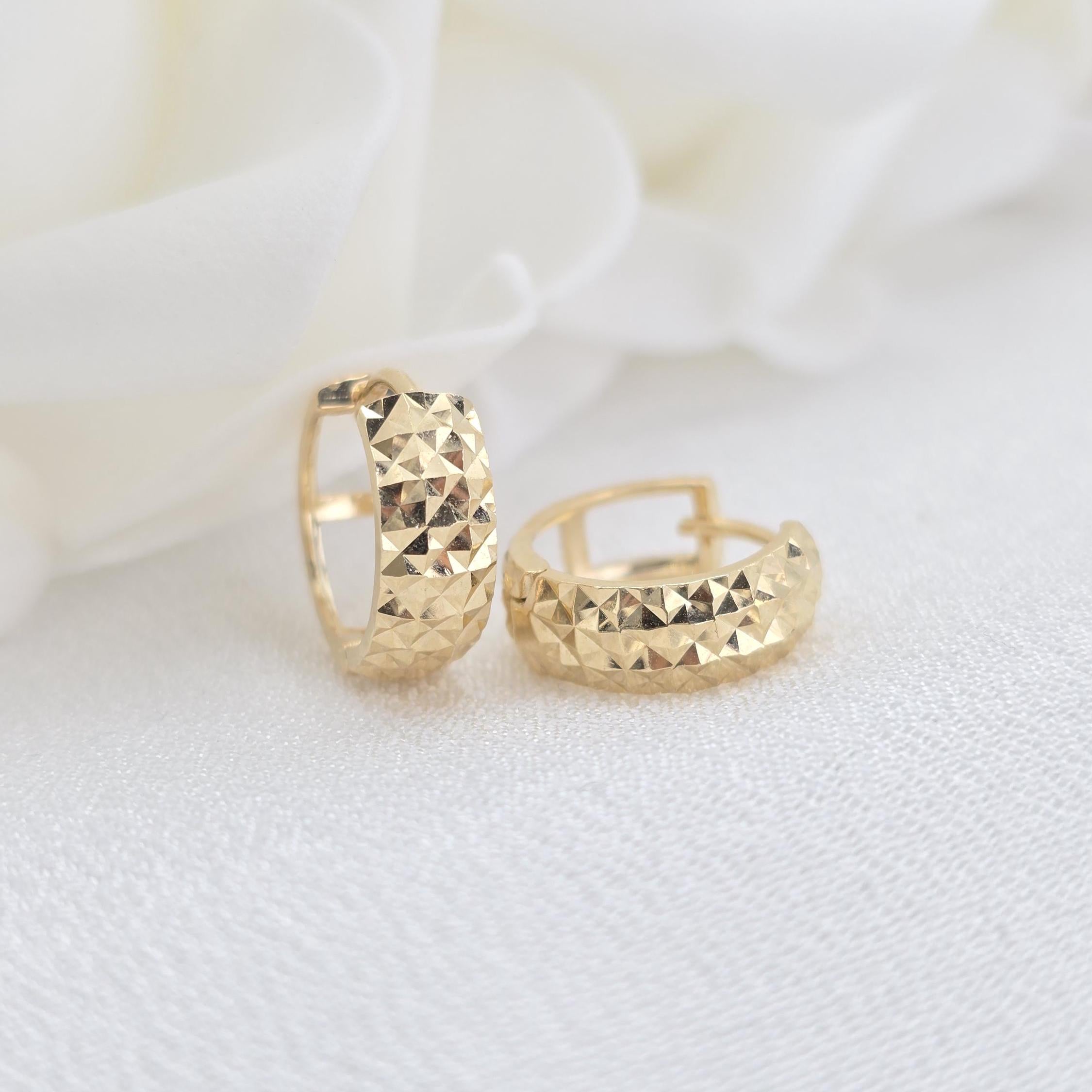 Shiny Solid 14k Gold Diamond Cut Huggies Earrings , Sparkling and Modern, Fine Jewelry For Her