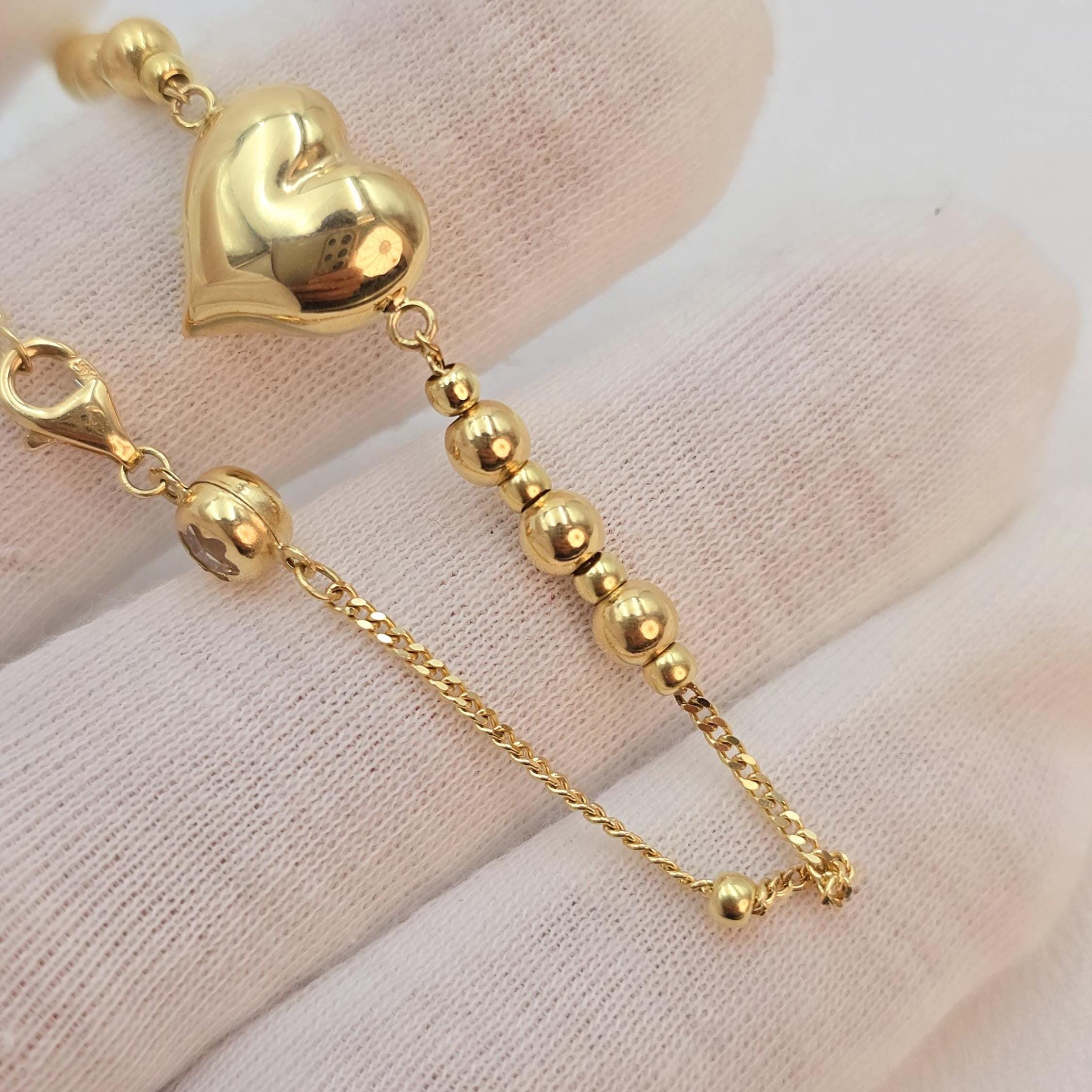 14k Gold Puffy Heart & Beads Bracelet - 7.5 Inches