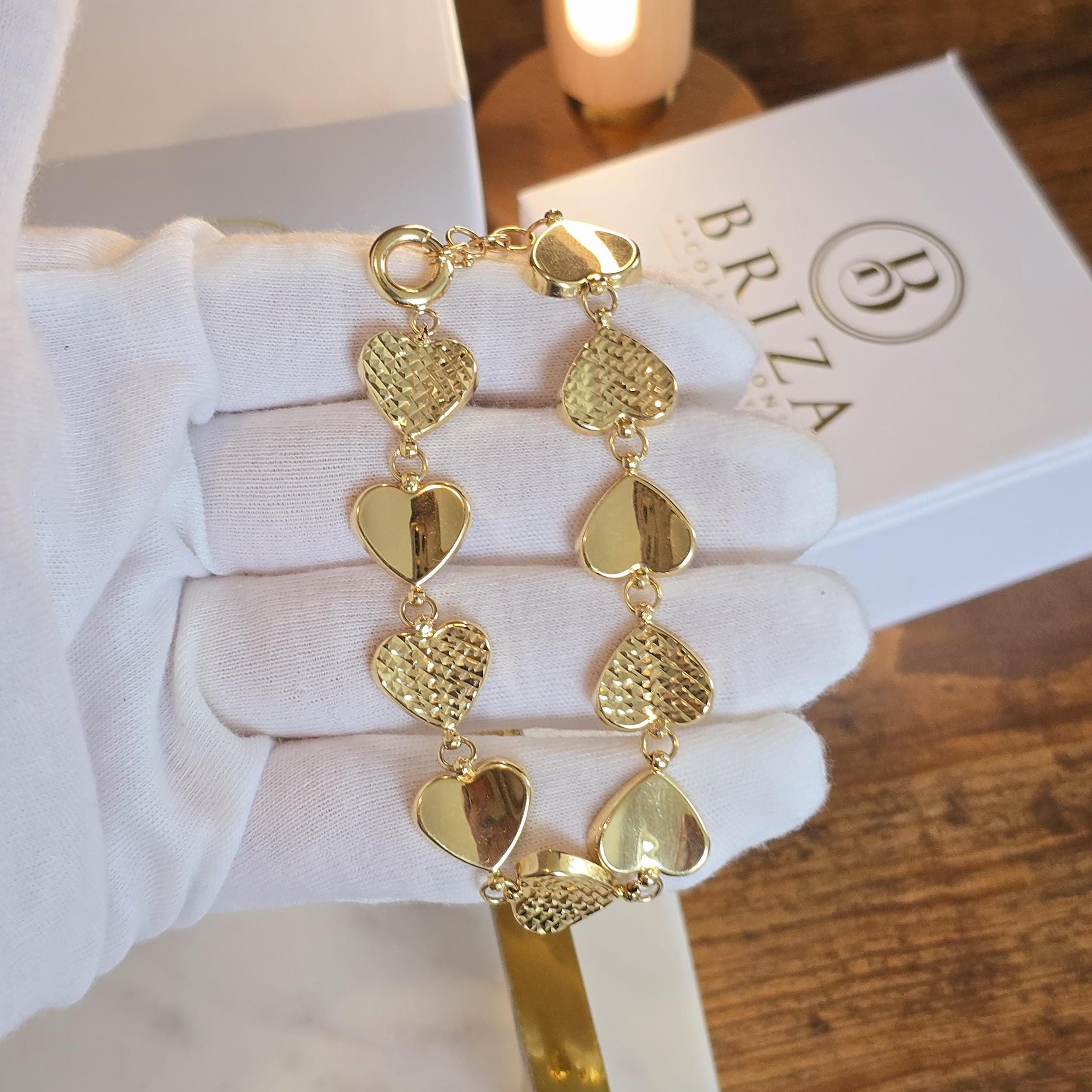 Chunky 14K Solid Gold Heart Link Bracelet - Adjustable