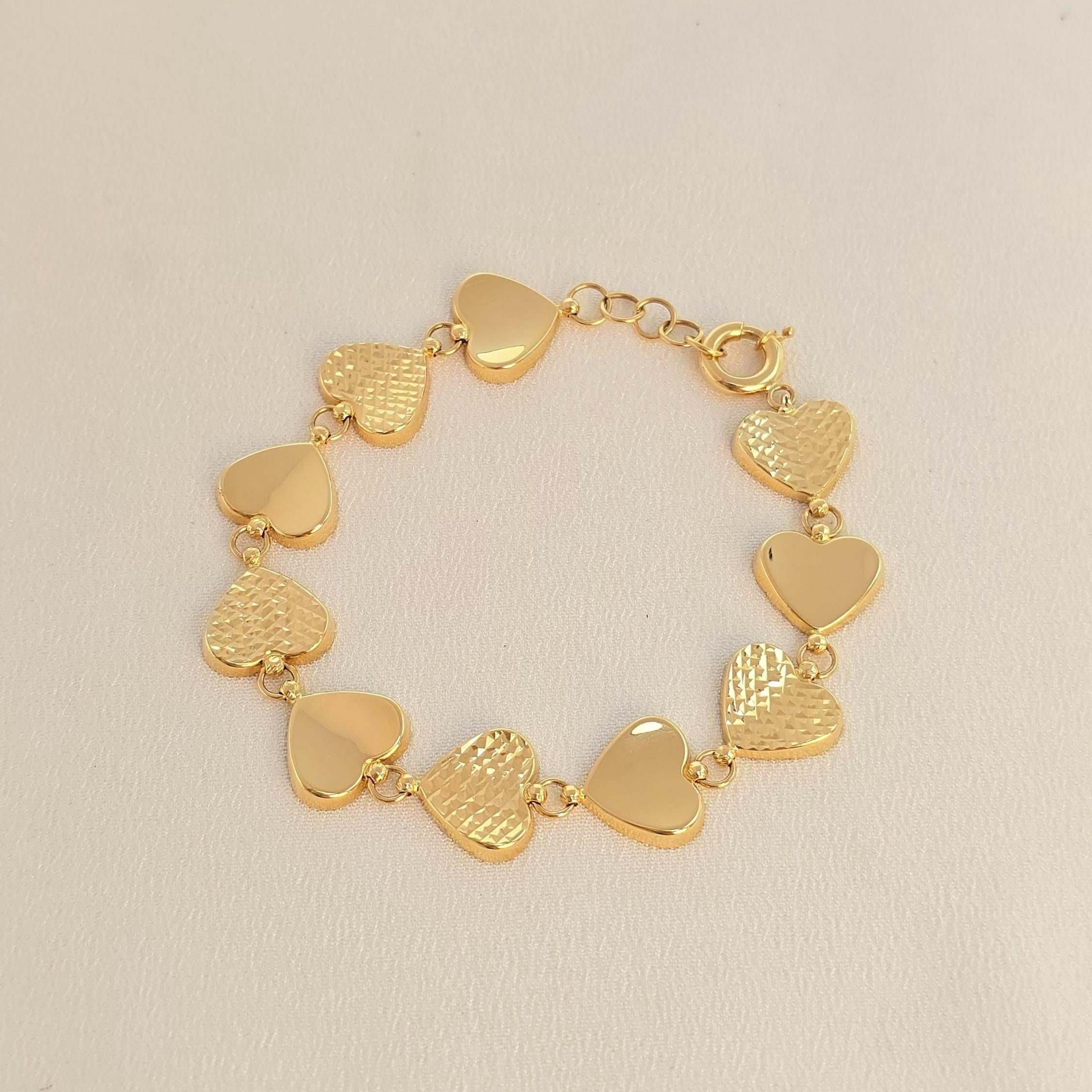 Chunky 14K Solid Gold Heart Link Bracelet - Adjustable