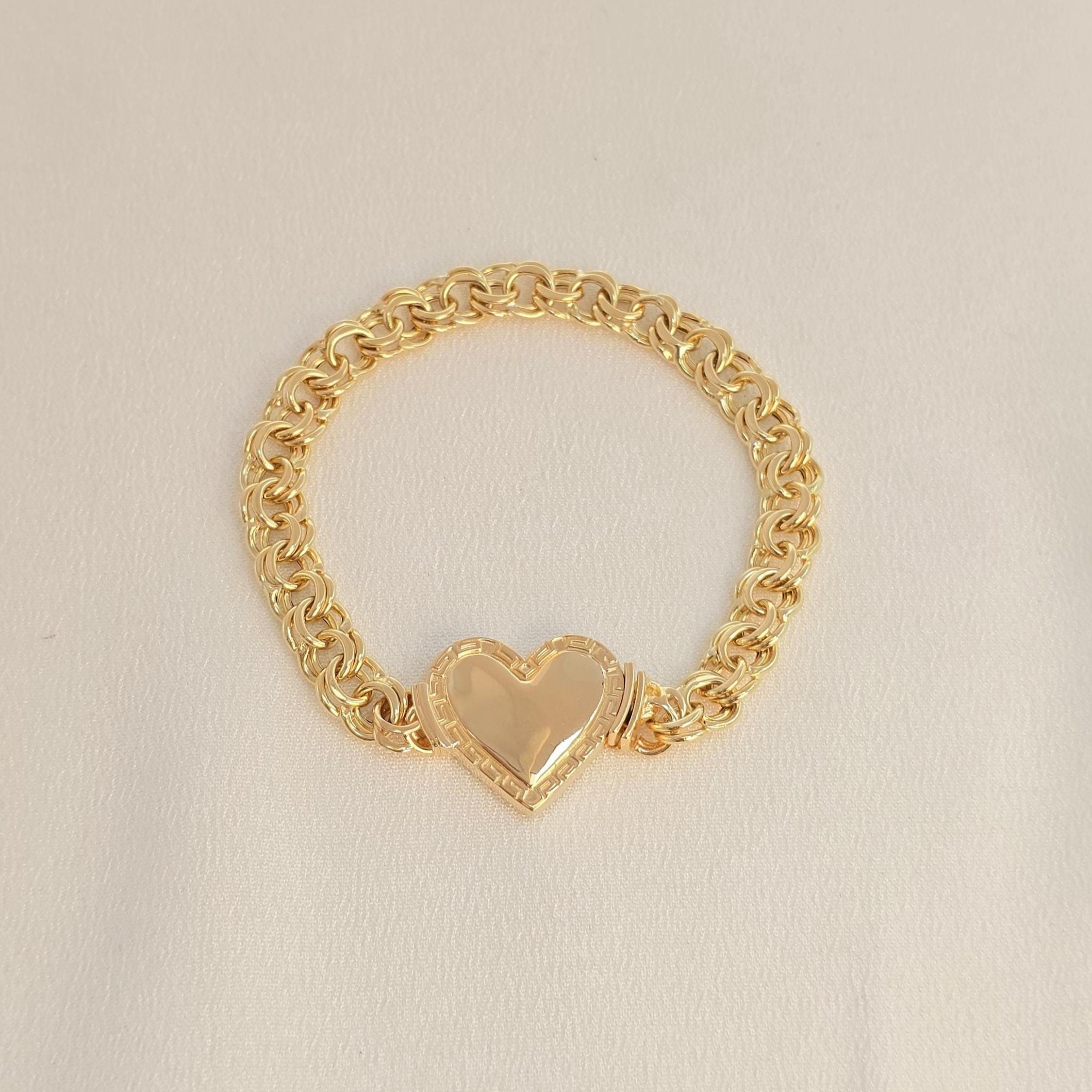 Thick 14k Gold Chino Link Heart Lock Bracelet - 7.9mm - 7.5 Inches