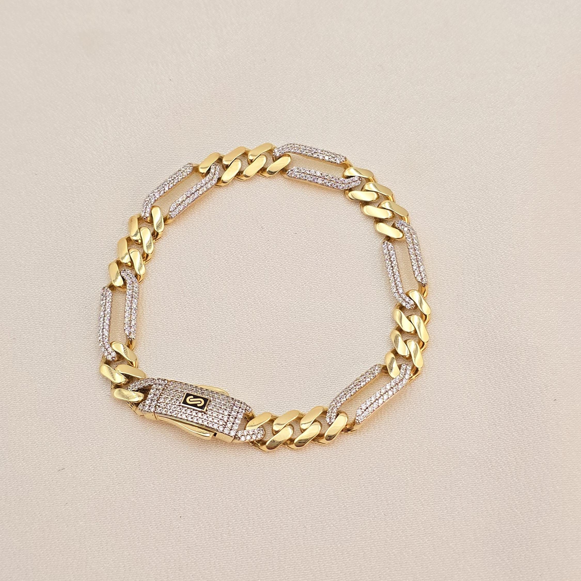 14k Gold Monaco Figaron Iced Out Link Bracelet - CZ