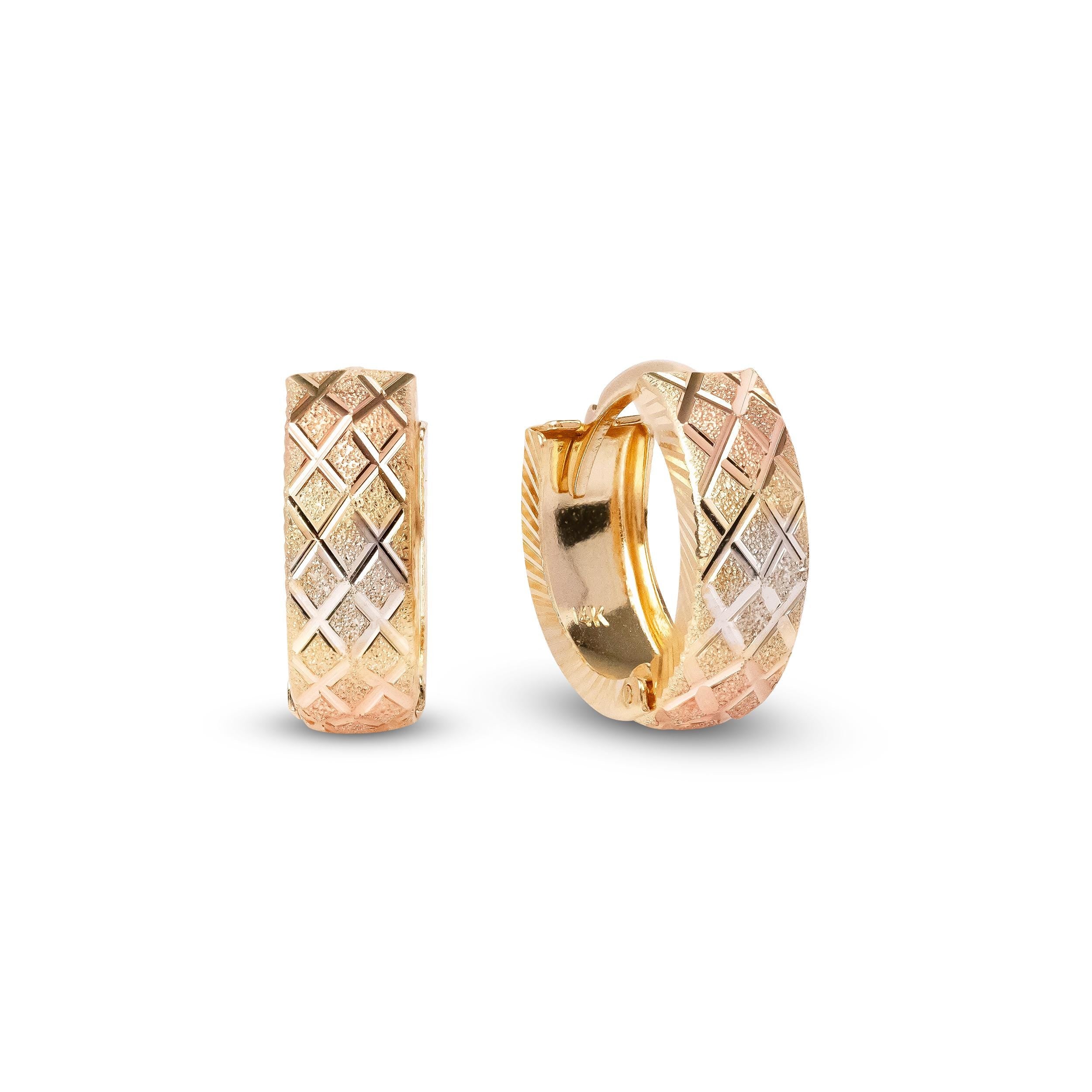 14k Tricolor X Diamond Cut Huggie Earrings - 15mm