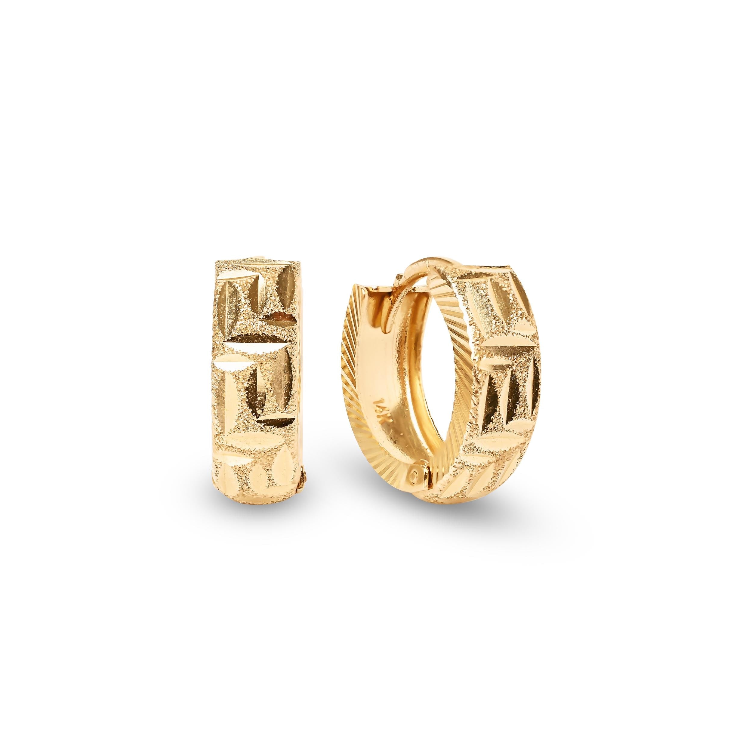 Real 14k Gold Diamond Cut Maze Huggies Earrings - 5mm thick - For Her