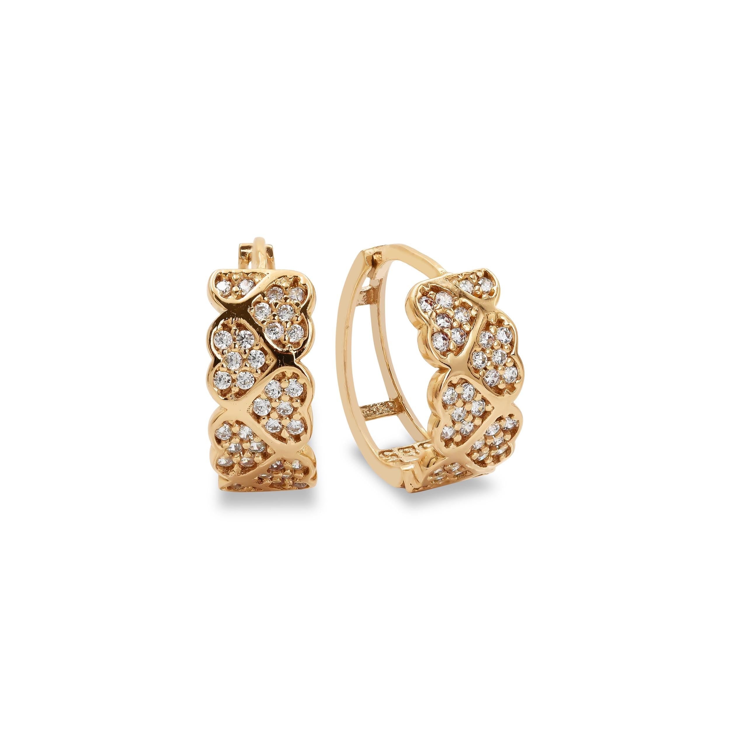 14k Pave Hearts Huggie Earrings - 14mm