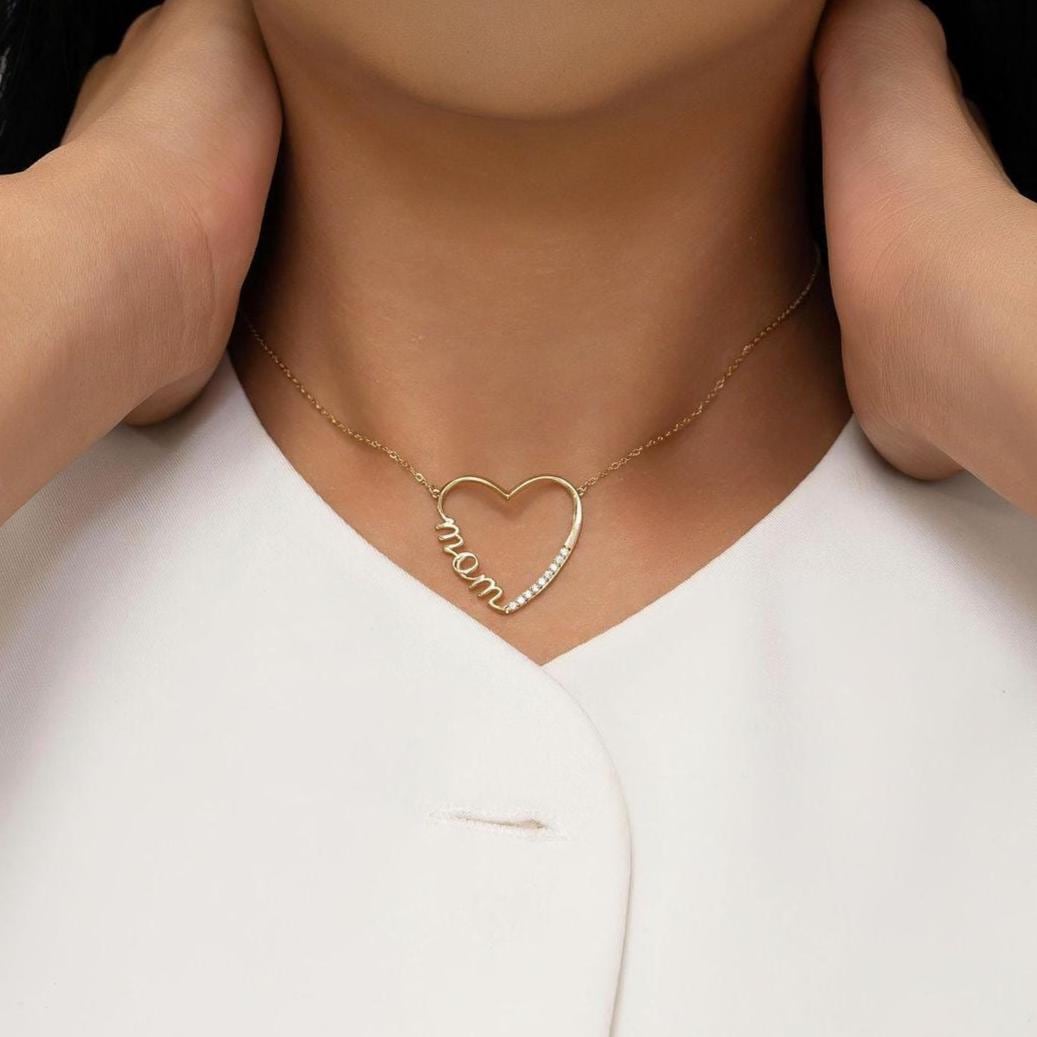 Solid 14k Gold Large Mom Charm Necklace - Cursive mom necklace - 18 inches - Adjustable - Perfect Gift For Her