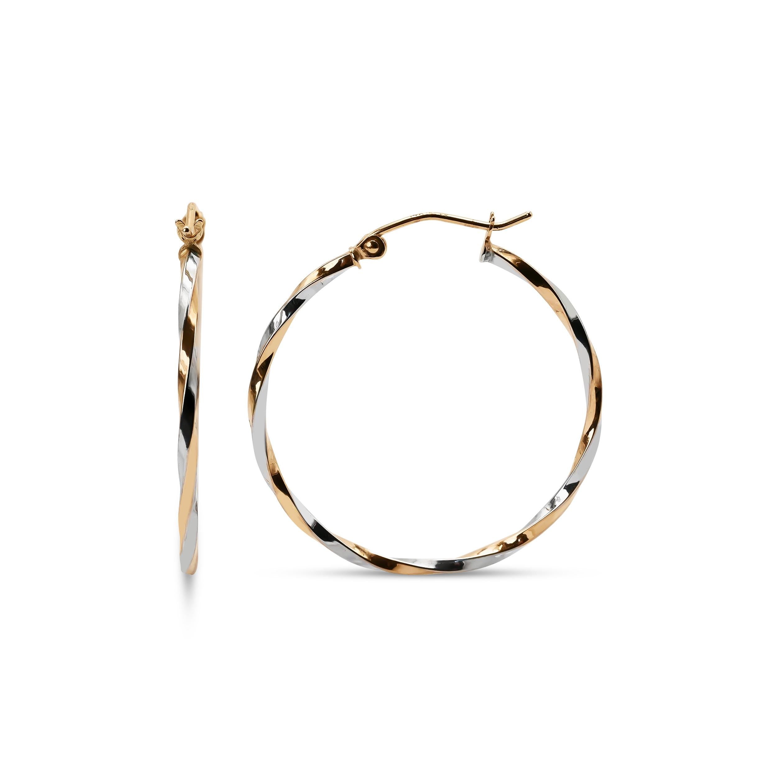14k White and Yellow Gold Thin Twisted Hoops Earrings - 30MM - Lightweight & Modern - Perfect For Delicate look - Perfect For Her