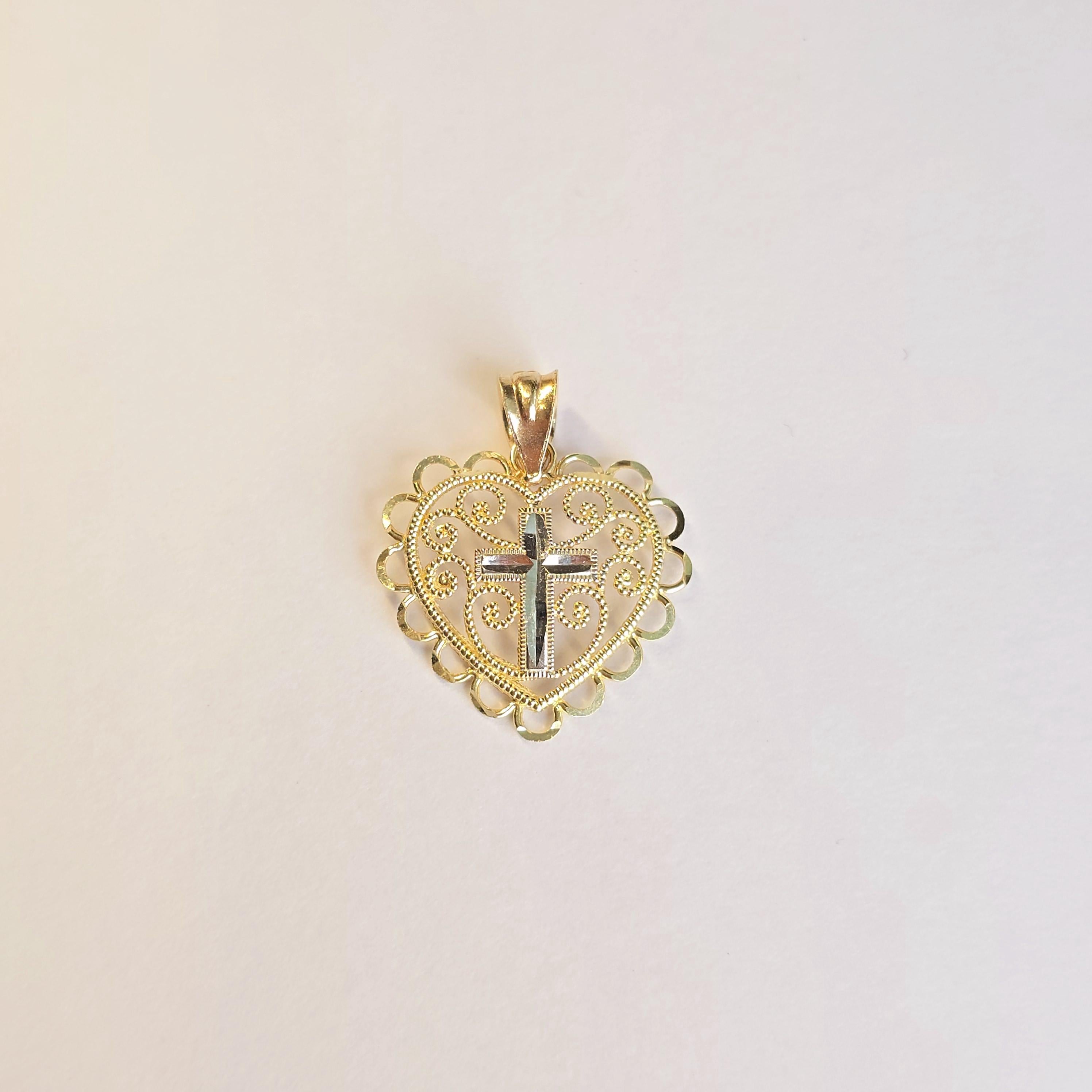 14K Filigree Heart Cross Pendant