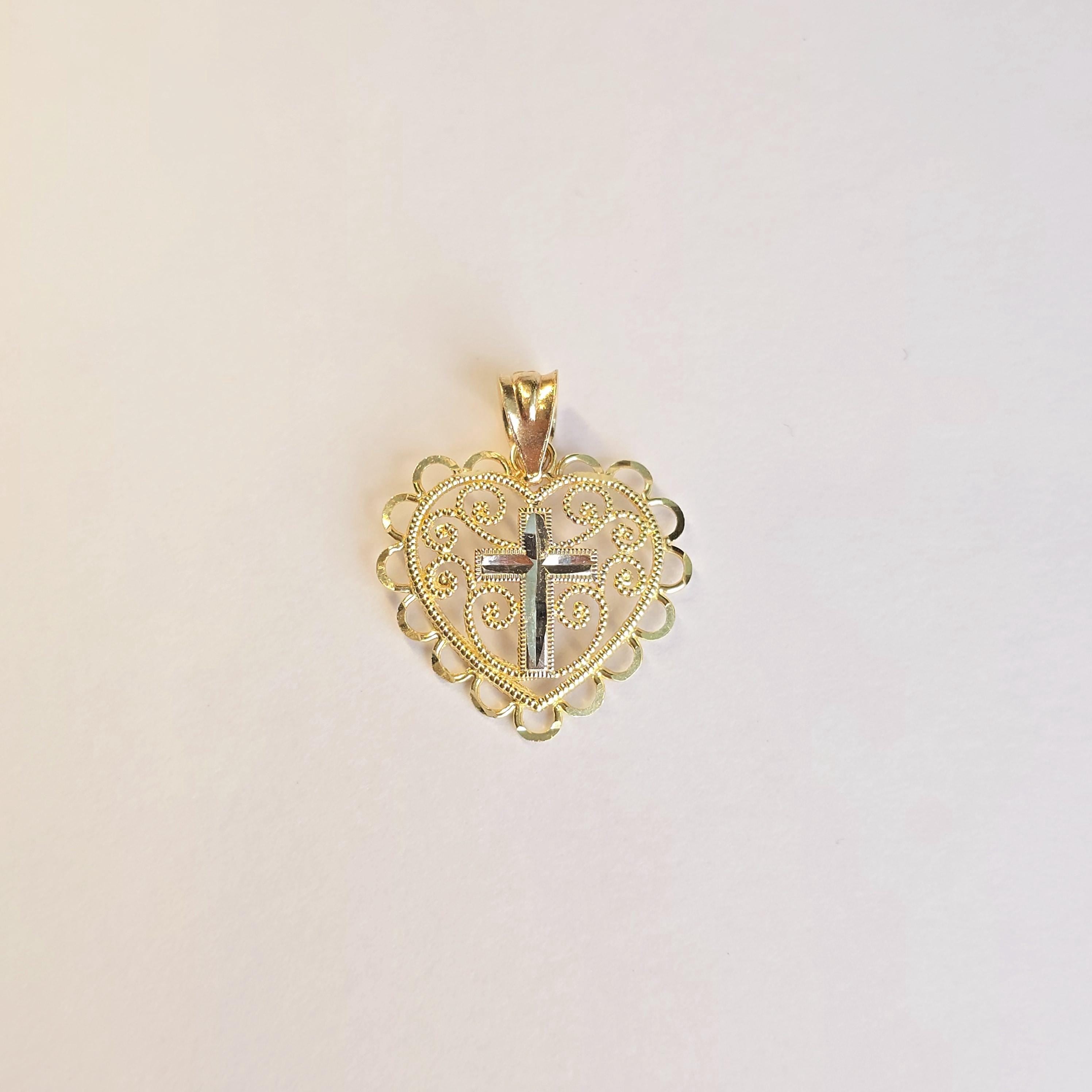 14K Gold Heart Pendant with Filigree & Cross - Unique Jewelry For Her