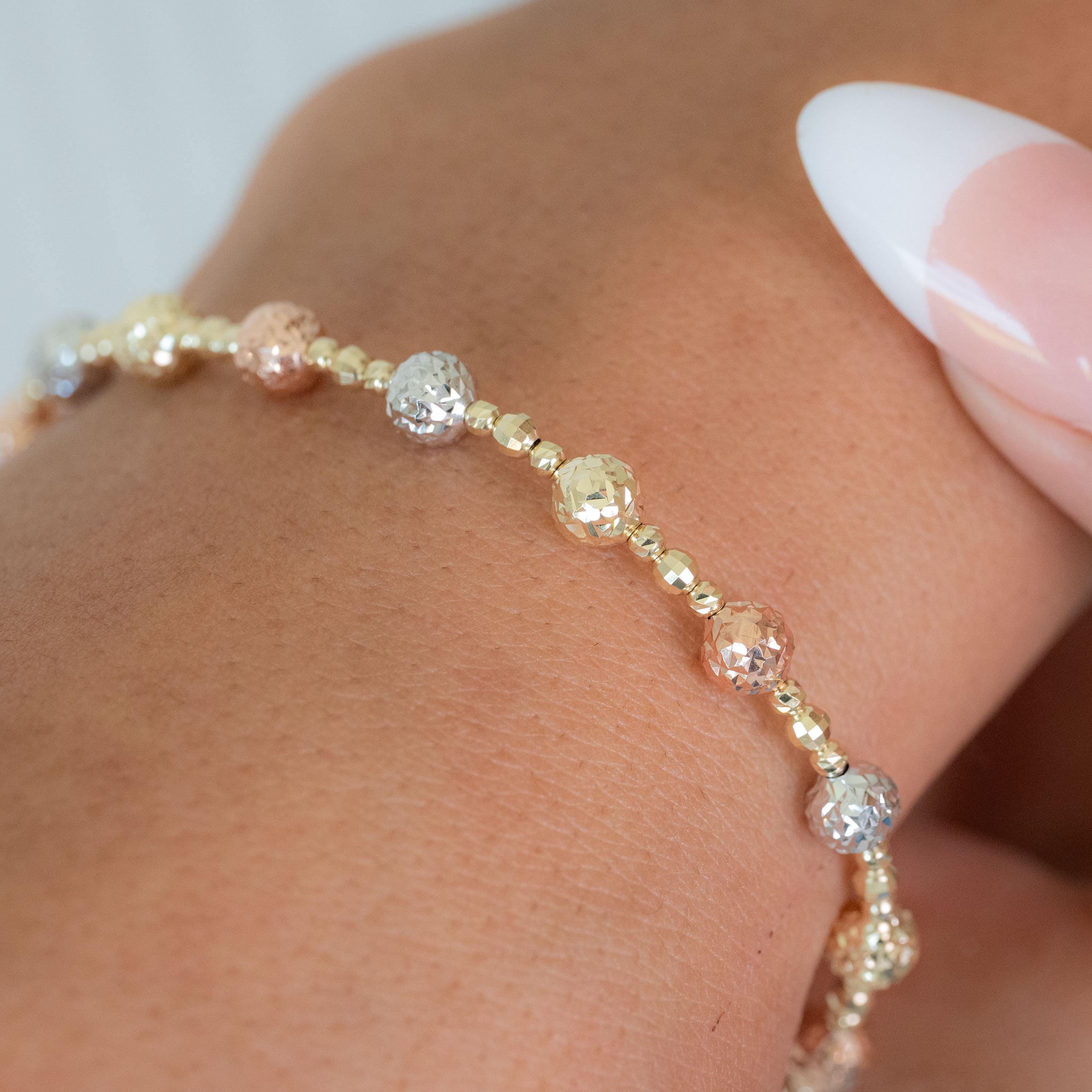 REAL 14k Tricolor/Yellow Gold Bead Diamond Cut Bracelet - 6.5, 7.5, 8 Inches - 5mm - Perfect Gift - Women