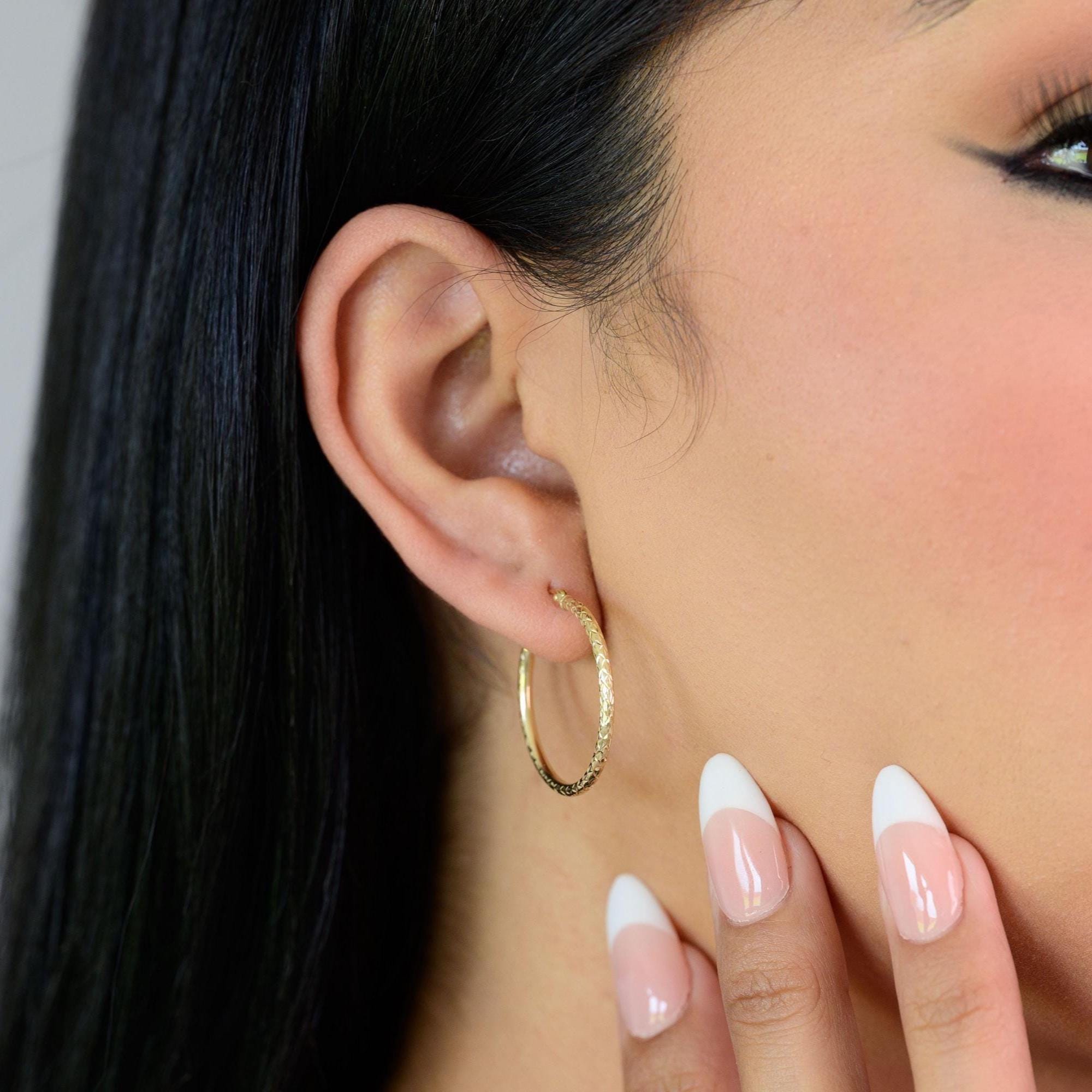 Real 14k Gold Fully Diamond Cut Hoop Earrings - 35MM, 25MM, 20MM, 15MM - Sparkling - Fine Jewelry For Her - Perfect Gift