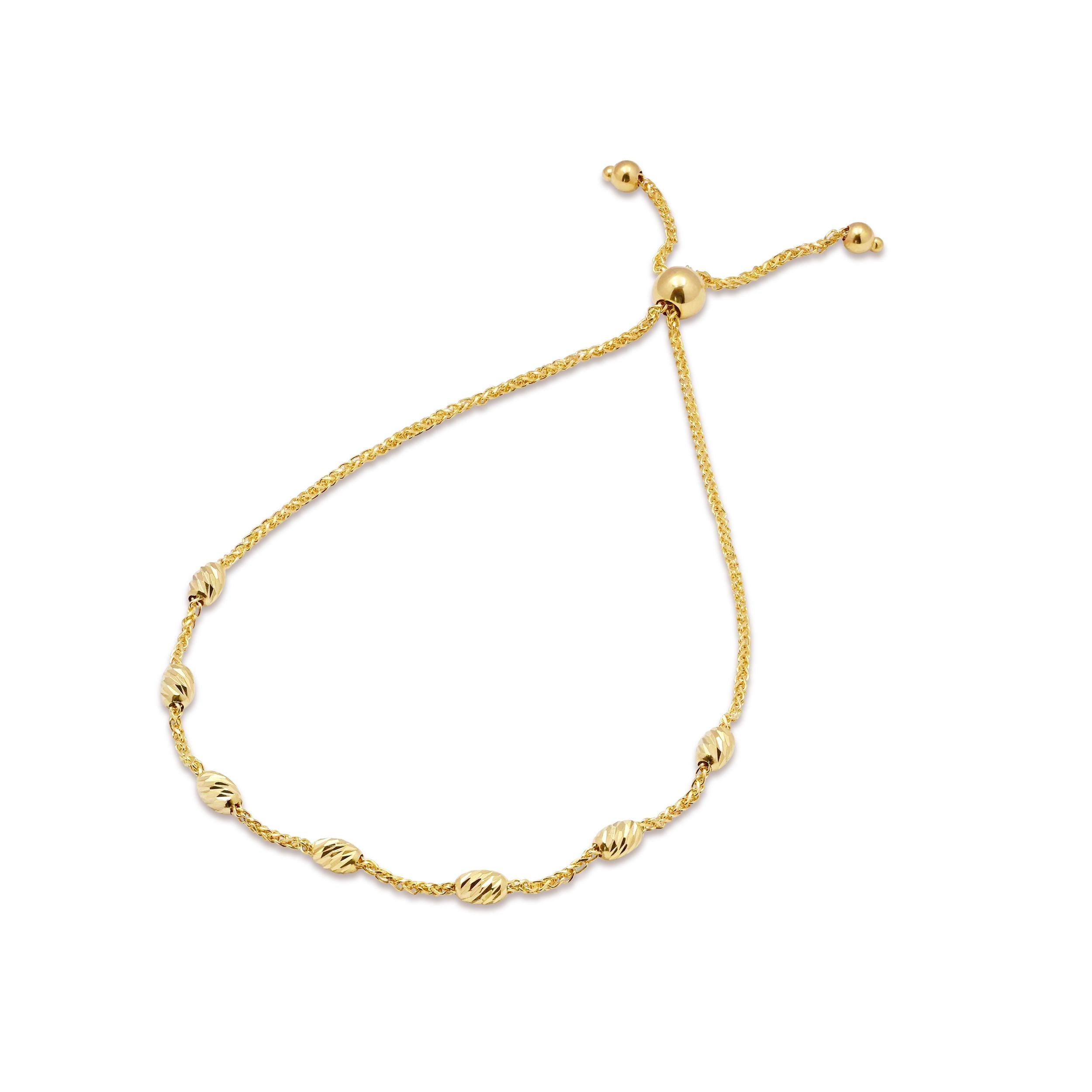 Solid 14k Yellow Gold Diamond Cut Beads Bracelet - Adjustable Bracelet - 7.5 to 5.5 Inches - Perfect Gift For Her - Real Fine Gold Jewelry