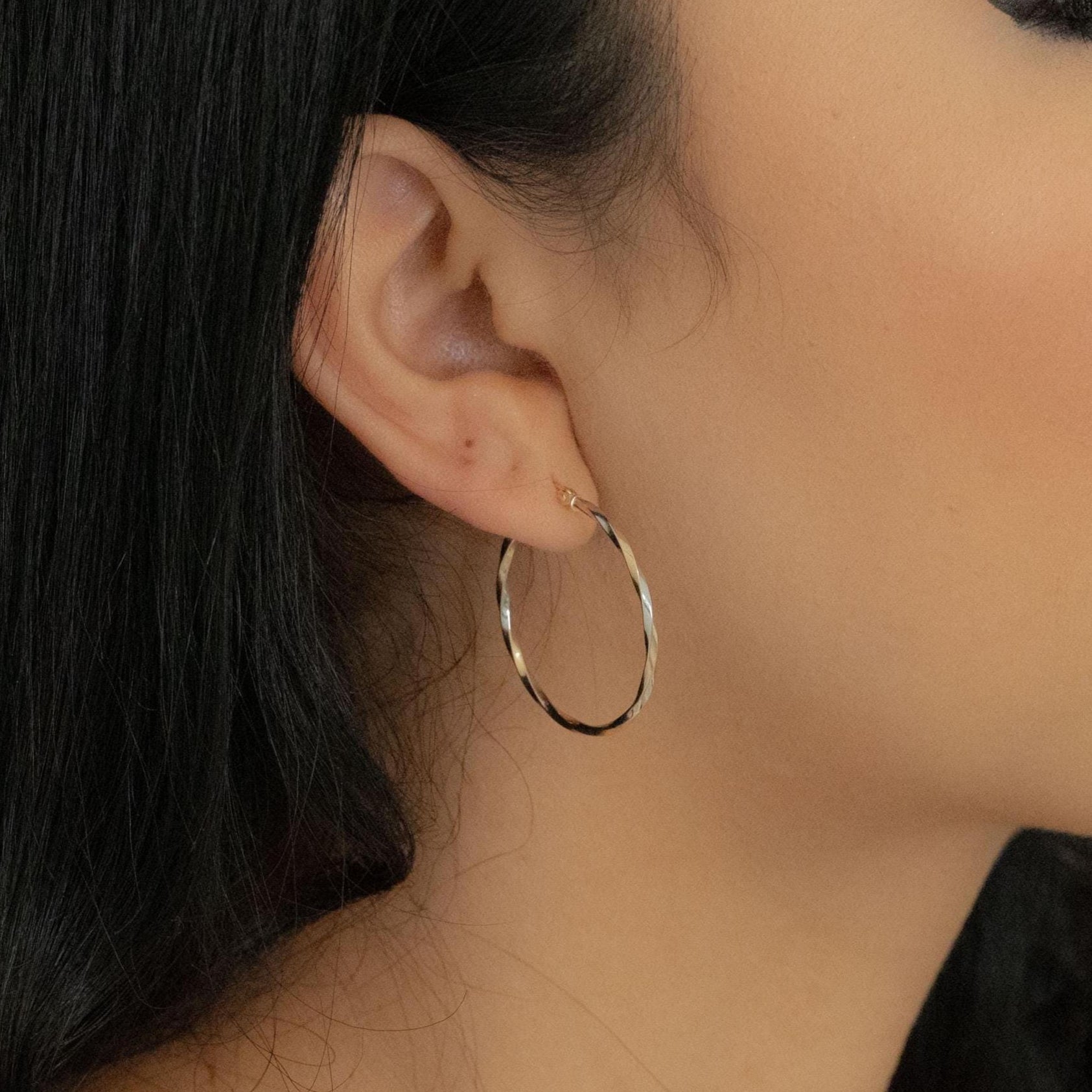 14k White and Yellow Gold Thin Twisted Hoops Earrings - 30MM - Lightweight & Modern - Perfect For Delicate look - Perfect For Her