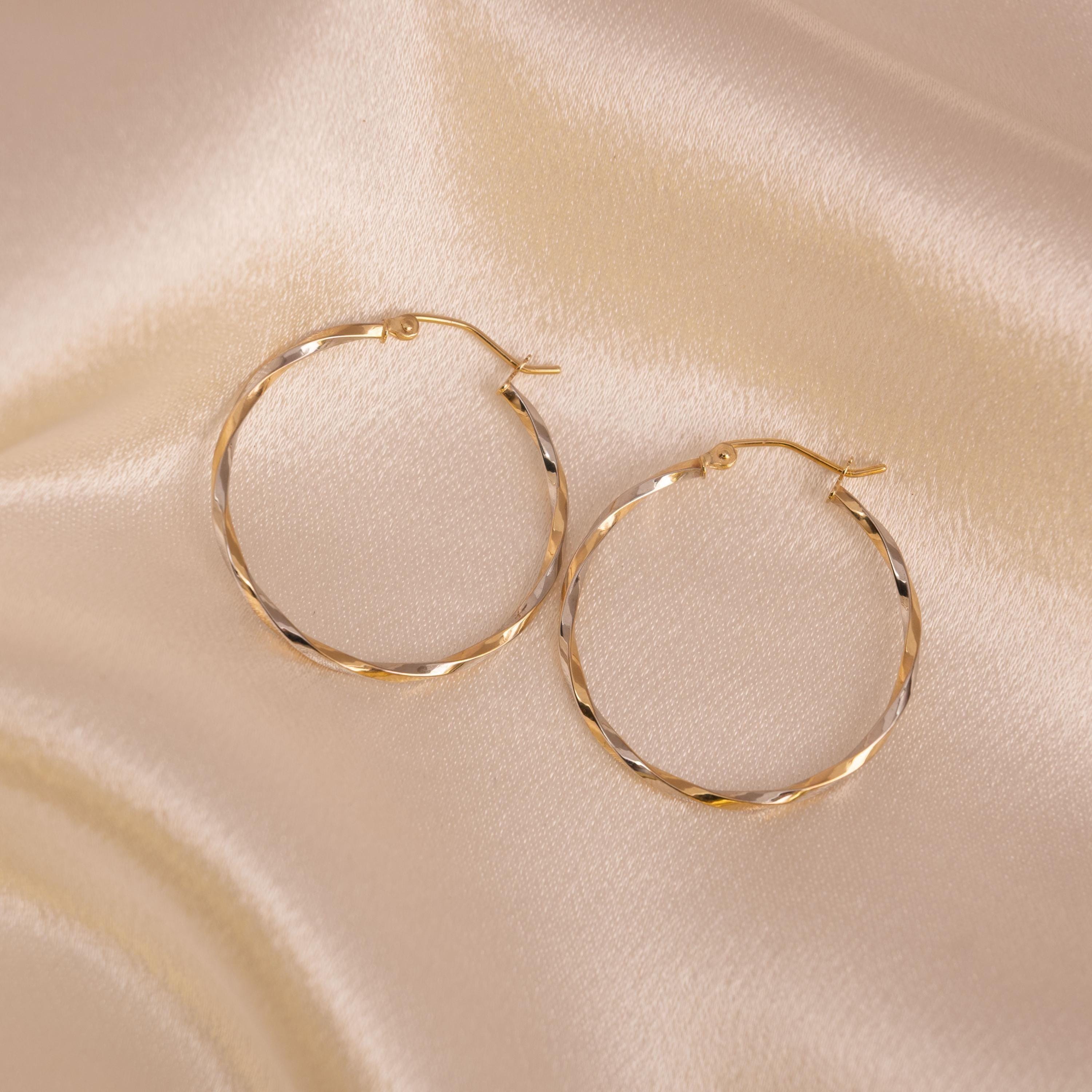 14k White and Yellow Gold Thin Twisted Hoops Earrings - 30MM - Lightweight & Modern - Perfect For Delicate look - Perfect For Her