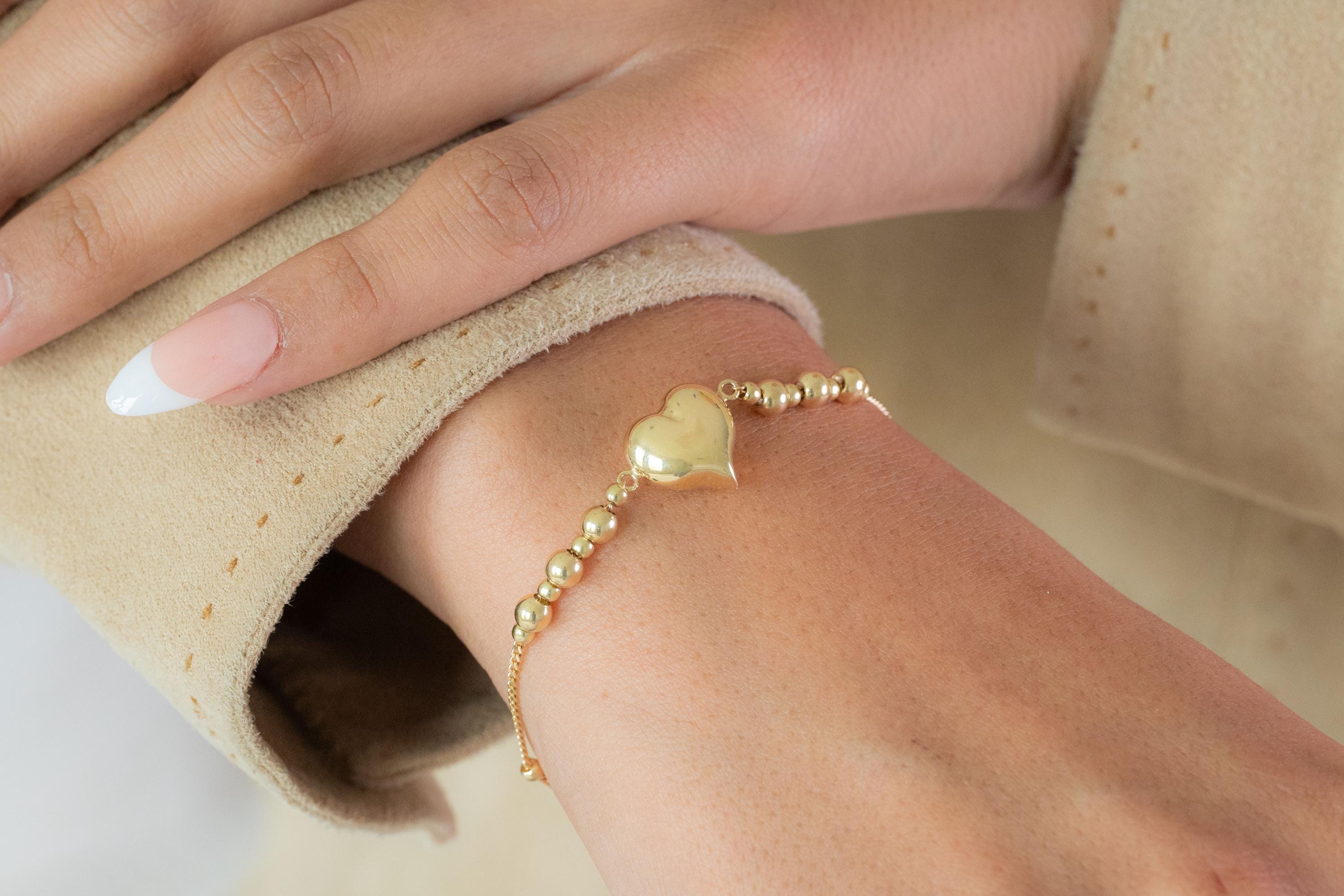 14k Puffy Heart & Beads Bracelet