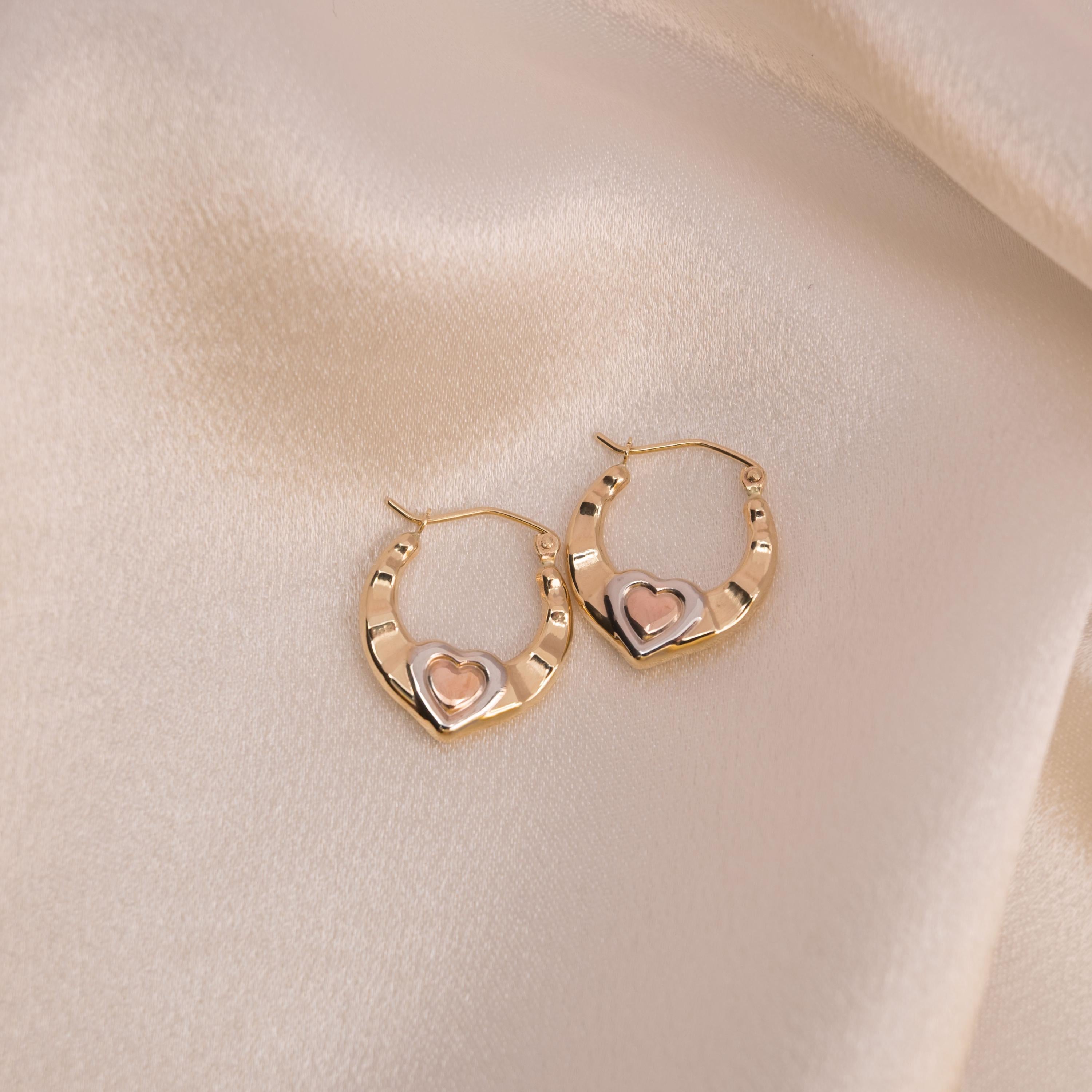 14k Tricolor Gold Small Hearts Hoop Earrings - Cute Small Hoops - Perfect For Her - Perfect For Girls