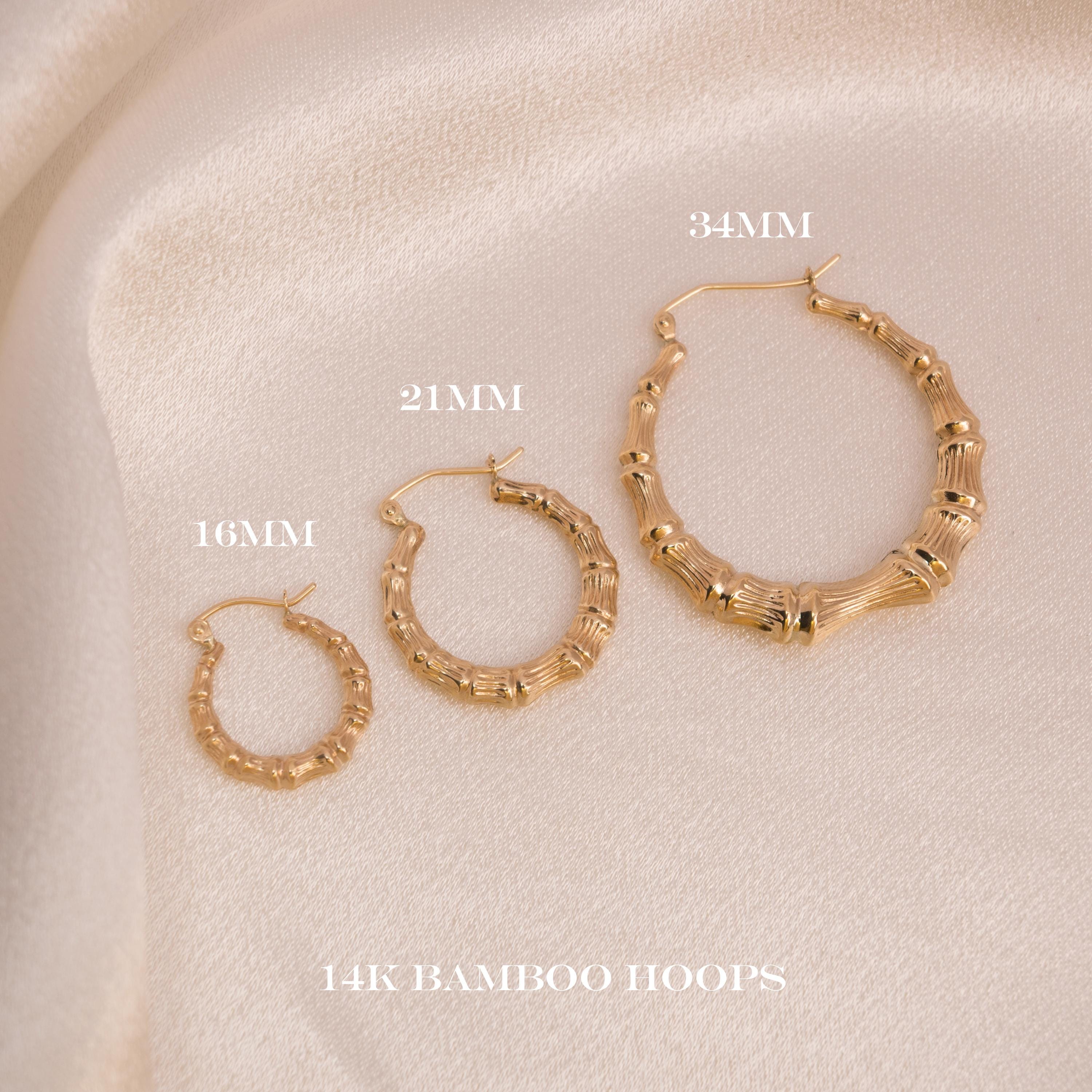 Real 14k Gold Bamboo Hoop Earrings - 16MM, 21MM, 34MM - For Her - Modern Earrings - Fine Jewelry
